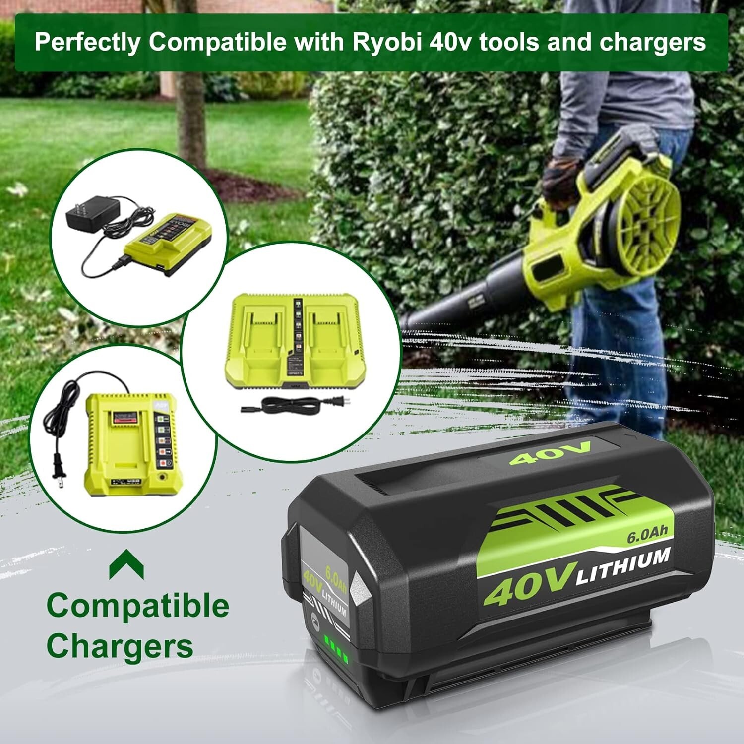 2X Battery & Charger For Ryobi 40V With LED Lithium-Ion 40-Volt OP406VNM OP40602