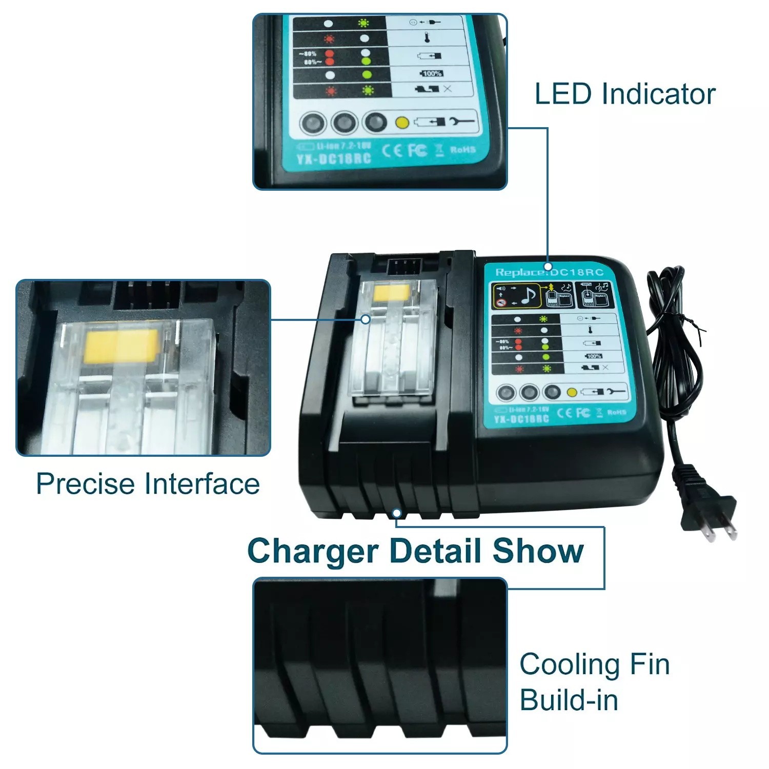 DC18RC Replacement Charger For Makita Lithium‑Ion 18V Battery BL1830 BL1860
