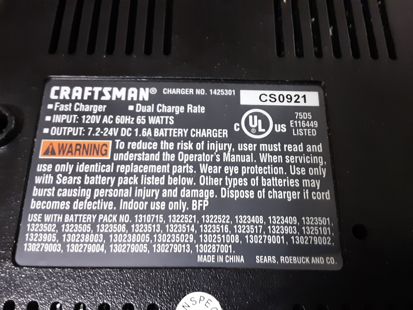 Craftsman 1425301 7.2V-24V Ni-Cd Battery Charger ONLY
