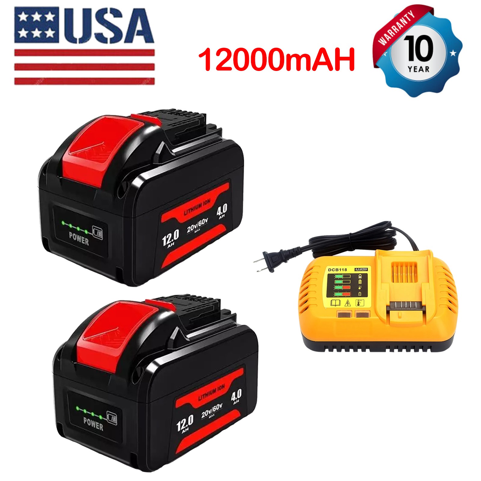 2PCS 12Ah Replacement DCB606-2 Battery for Dewalt 20V 60V Max Battery & Charger/