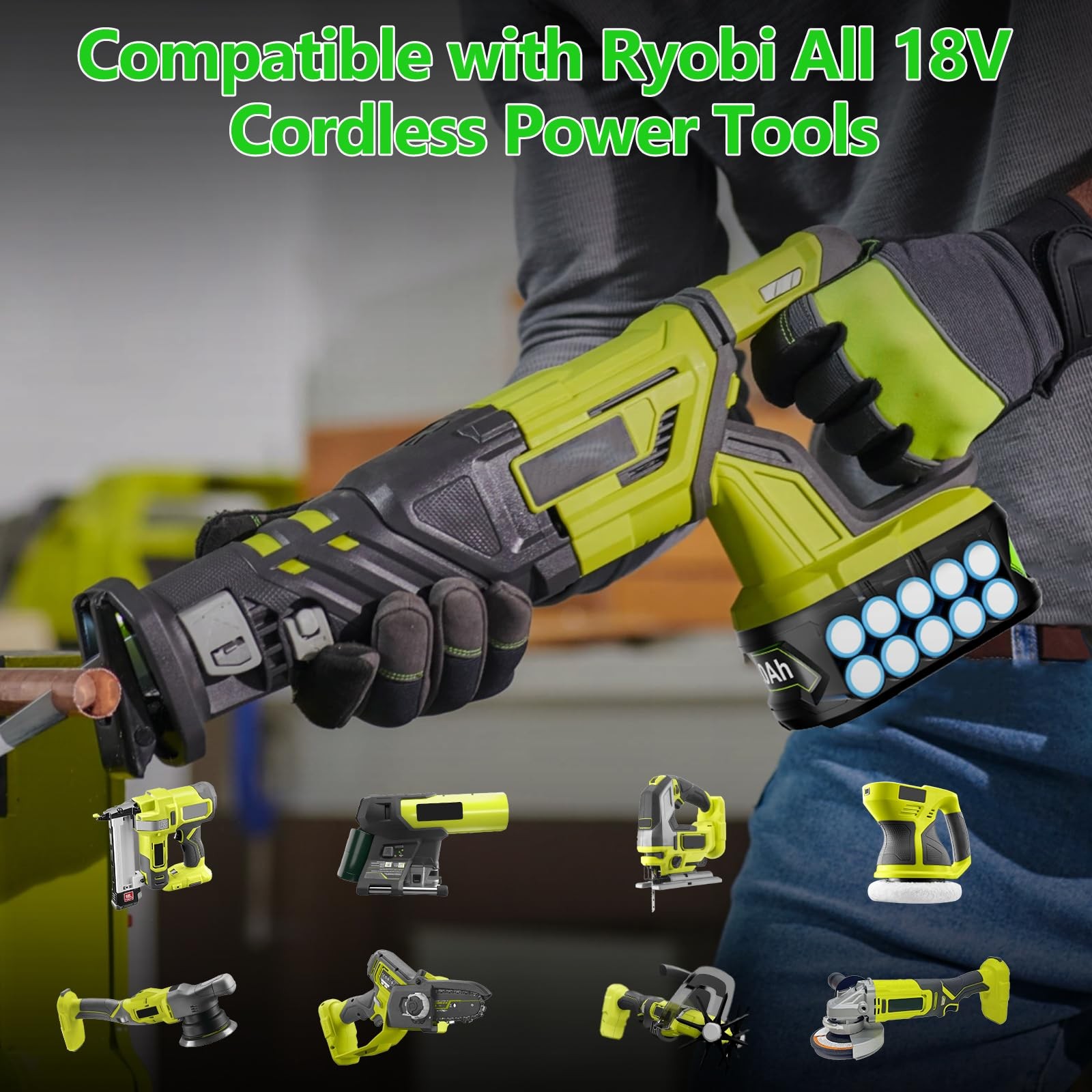 Junwood 2Pack 8.0Ah Replacement For Ryobi 18V Lithium Battery P117 Charger