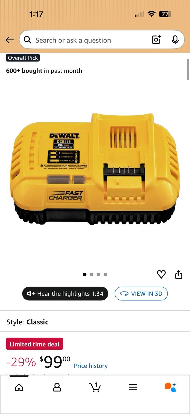 DEWALT DCB118 20V MAX Fast Charger Yellow Power Tool Battery Charger