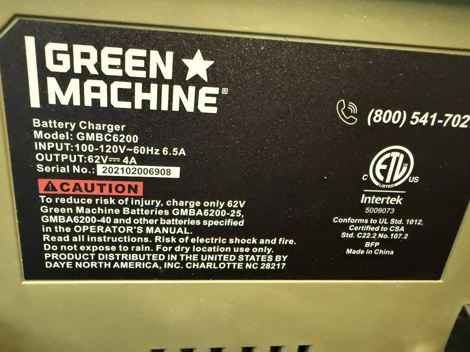 Green Machine Rapid Battery Charger 62V 110-120V