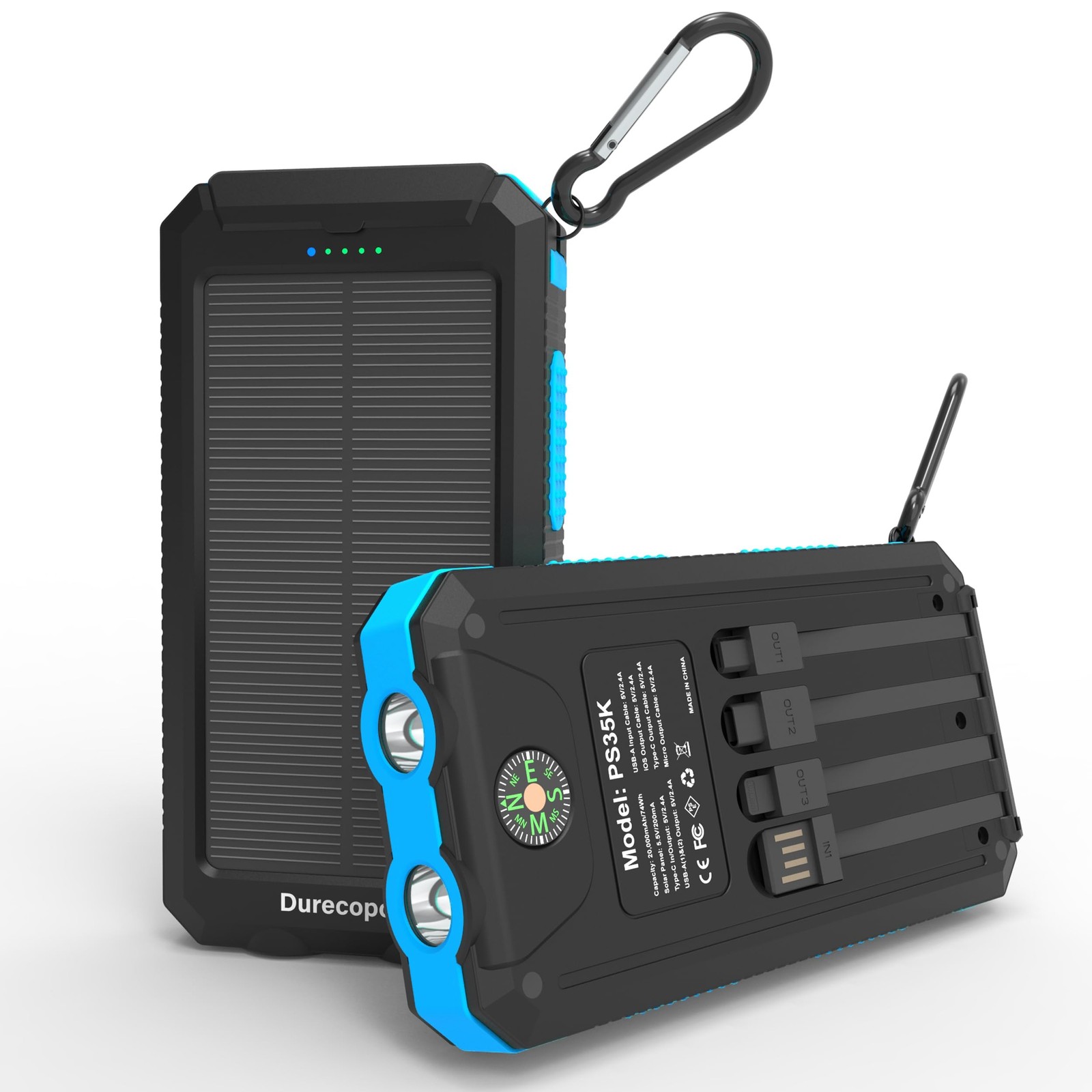 Durecopow 20000mAh Solar Power Bank, Portable Charger, 4 Cables & 3 USB Ports