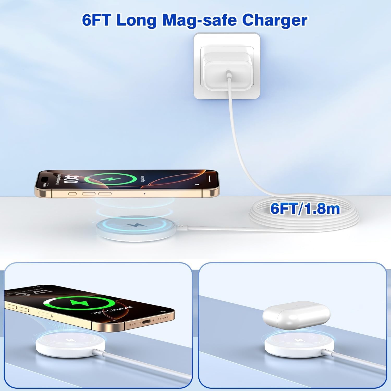Nuinno Apple Mfi Certifiedmagnetic Wireless Iphone Charger Magsafe Charger6Ft
