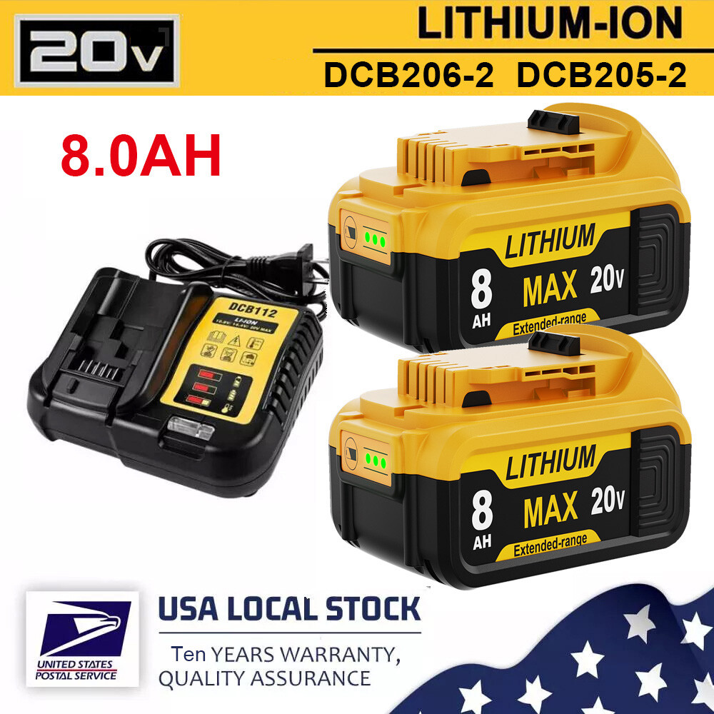 For DeWalt 20V 20 Volt Max 8.0AH Lithium Ion Battery / Charger DCB206-2 DCB200-2
