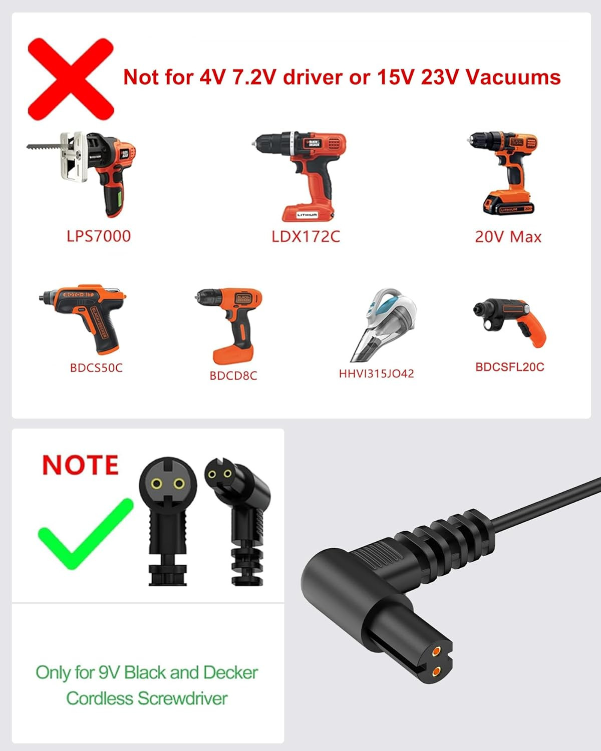 9V Charger for Black and Decker Screwdrivers LI2000 and LI3100 (Non-Type 2), Rep