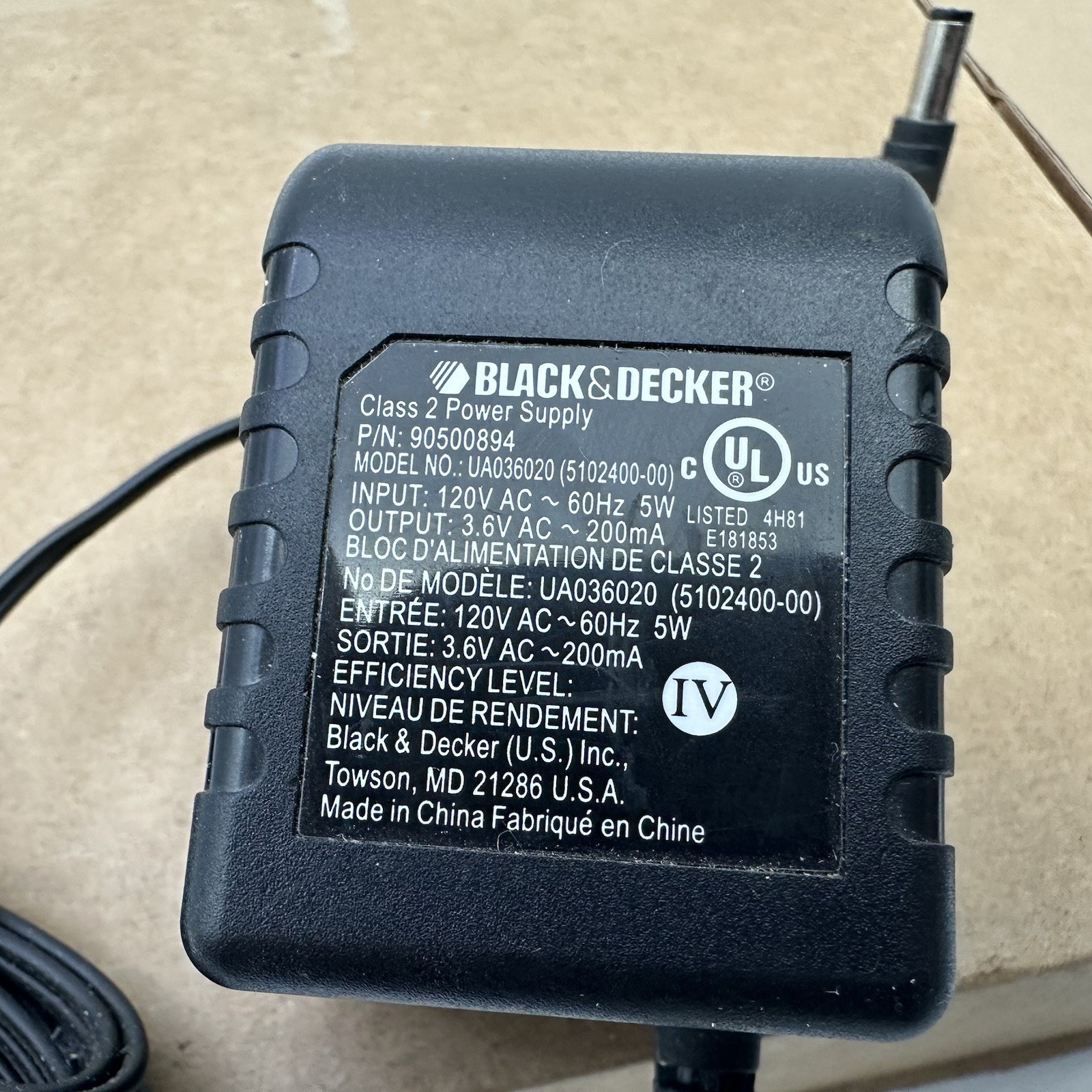 Black & Decker Class 2 Power Supply Charger P/N 90500894 Output 3.6V AC 200mA