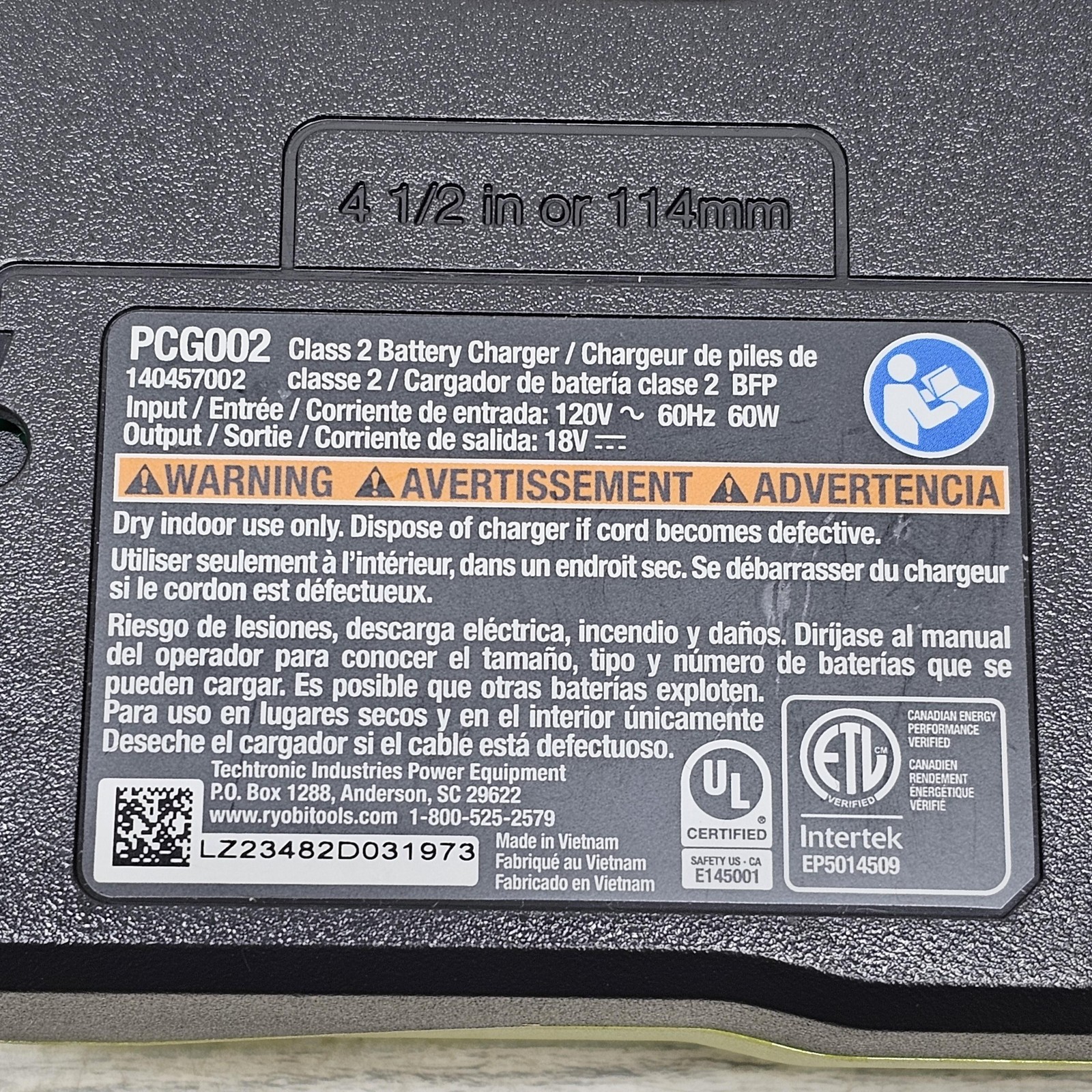 Ryobi PCG002 18V ONE+ Battery Charger Class 2 Green 140457002 OEM 120V Adapter