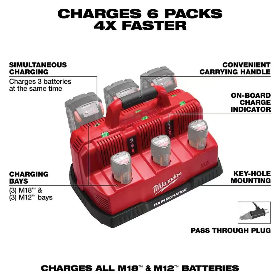 Milwaukee M12/M18 6-Port Sequential Rapid Battery Charger Multi-Voltage OEM
