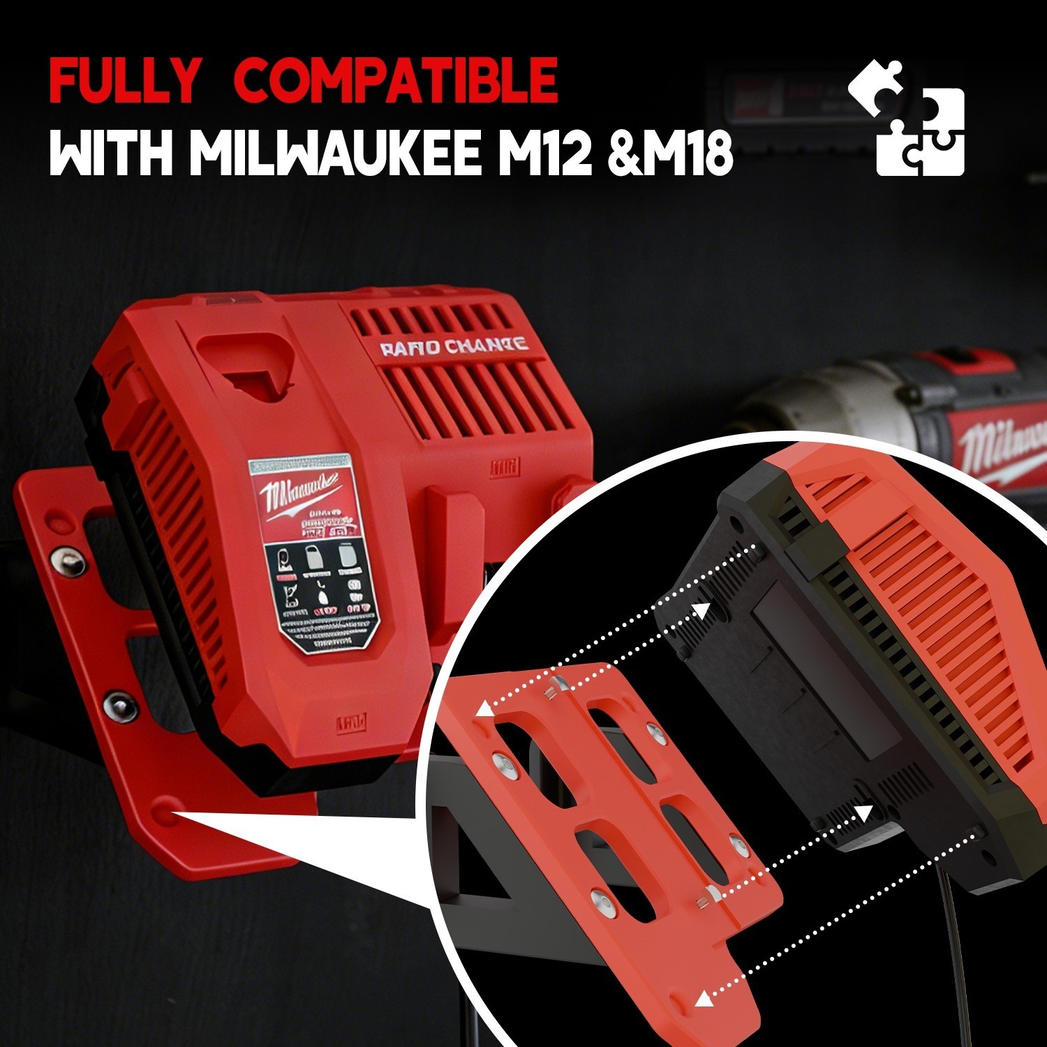 Wall Mount for Milwaukee M12 M18 Charger 48-59-1812 48-59-1808 Red Holder