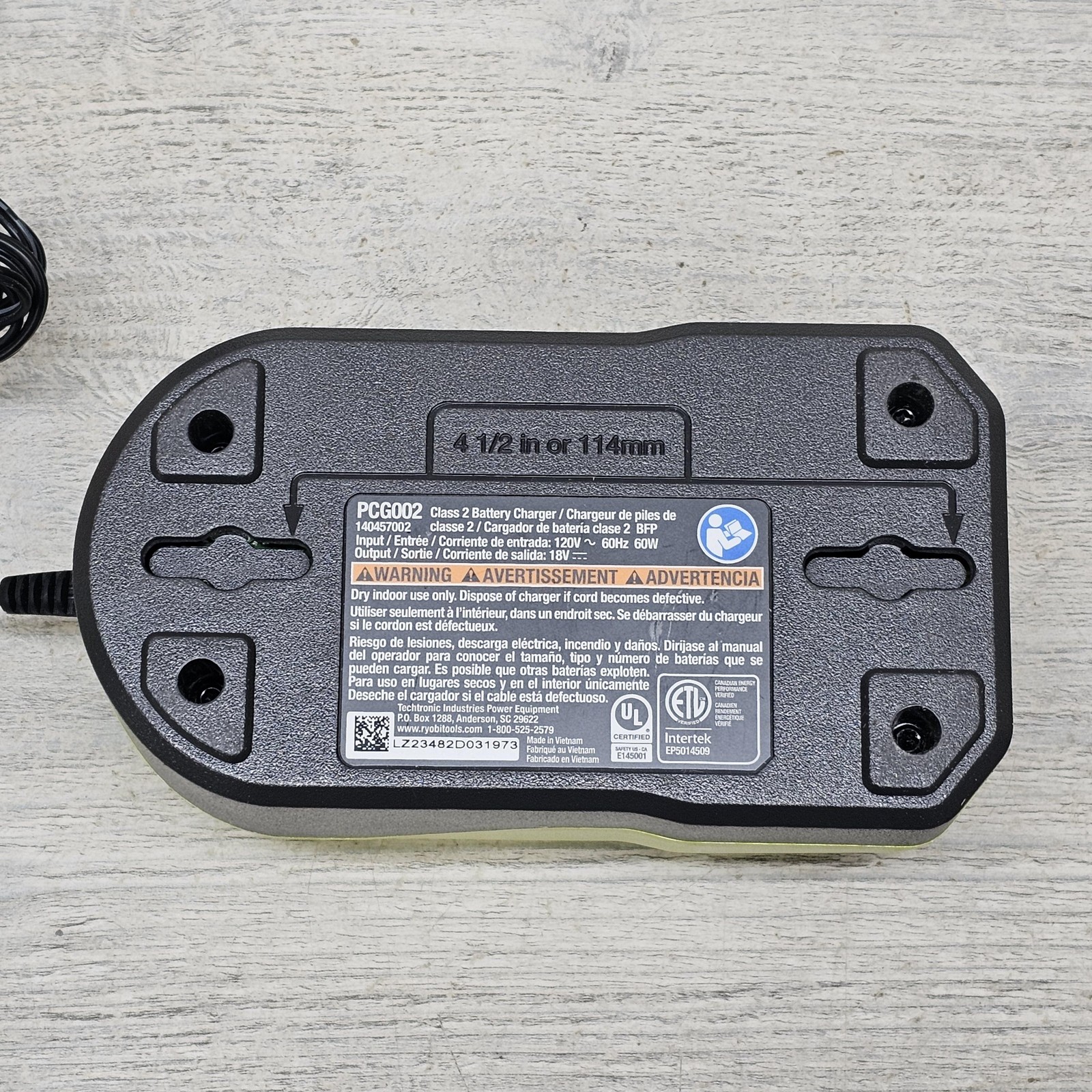 Ryobi PCG002 18V ONE+ Battery Charger Class 2 Green 140457002 OEM 120V Adapter