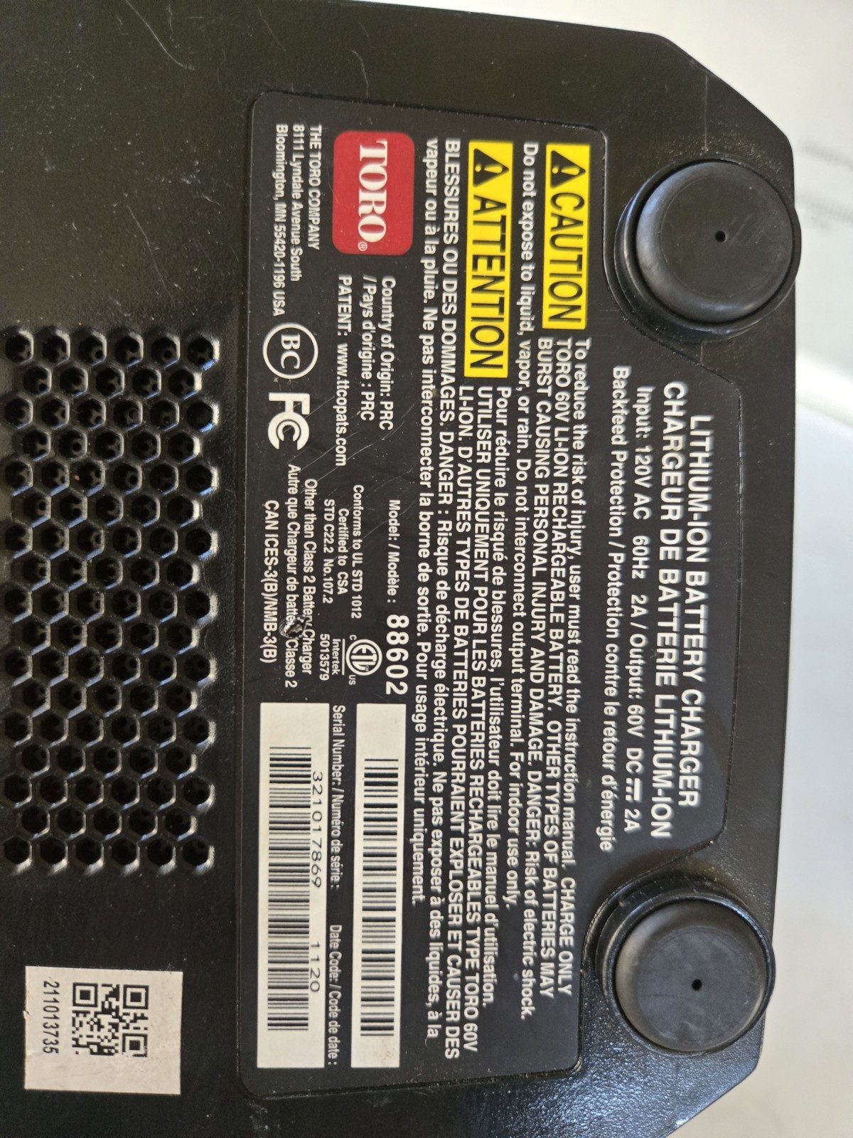 OEM Charger 88602 For Toro Flex-Force Power System 60V Battery 88620 88625 88675