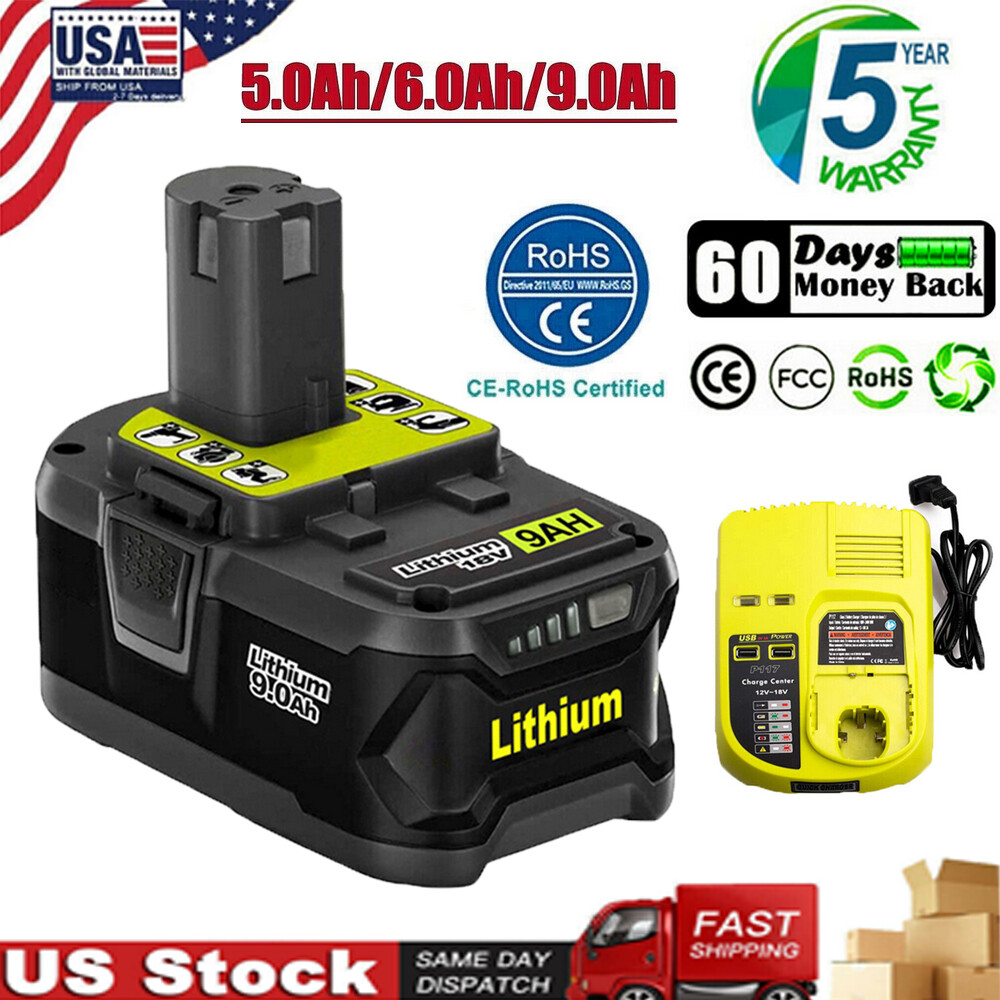 For RYOBI 18V 5Ah 7Ah 9Ah P108 P109 High Capacity Li-ion Battery or P117 Charger