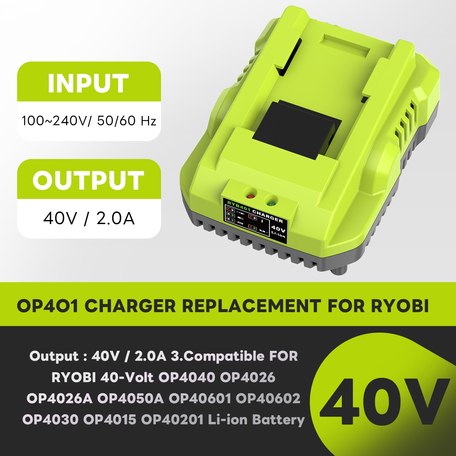 Fast Charger OP401 for Ryobi 40V Battery Charger OP4040 OP4050 OP4050A OP40601