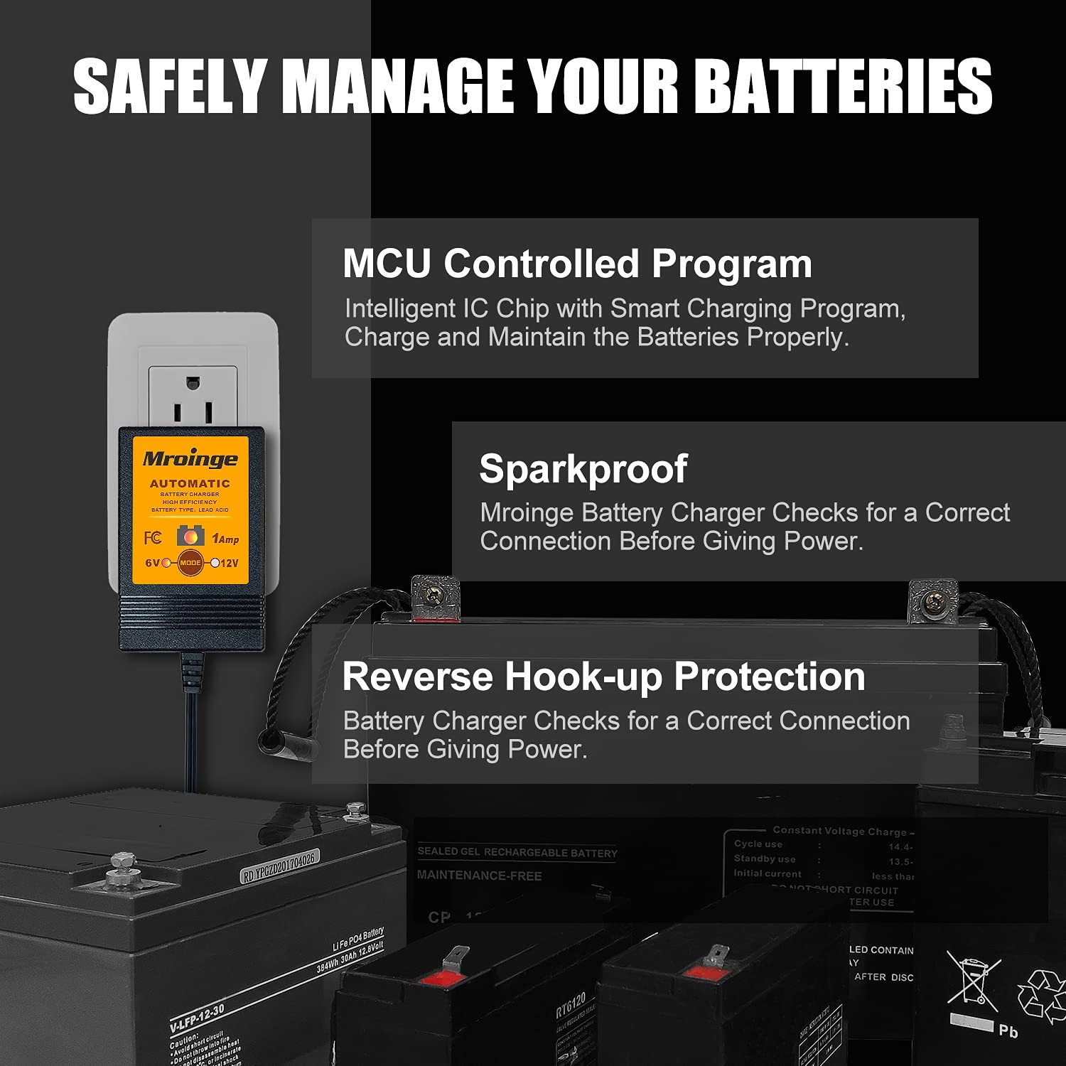 Smart Battery Charger, Mroinge 6V / 12V 1A Fully Automatic Trickle Battery Charg