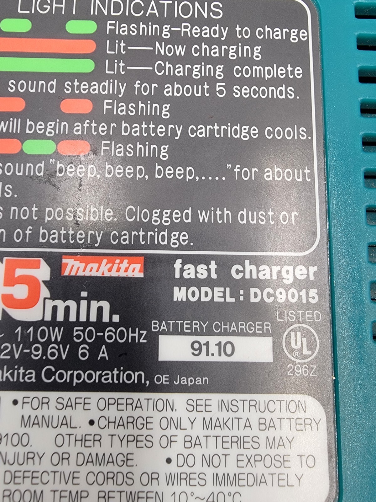 Makita Fast Battery Charger DC9015 15 Min Charge DCC7.2V-9.6V 115V