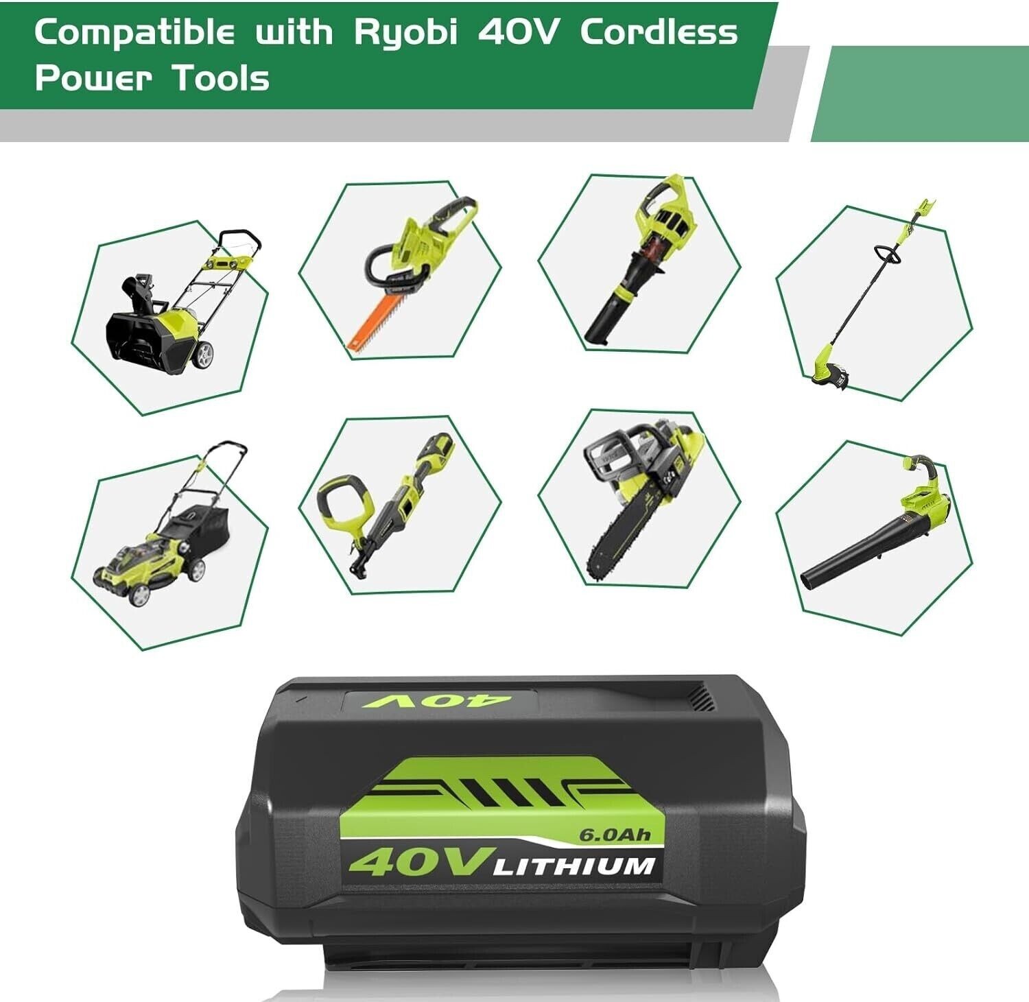 Pack 6.0Ah Replacement for Ryobi 40V Lithium OP40602 Battery With LED/Charger