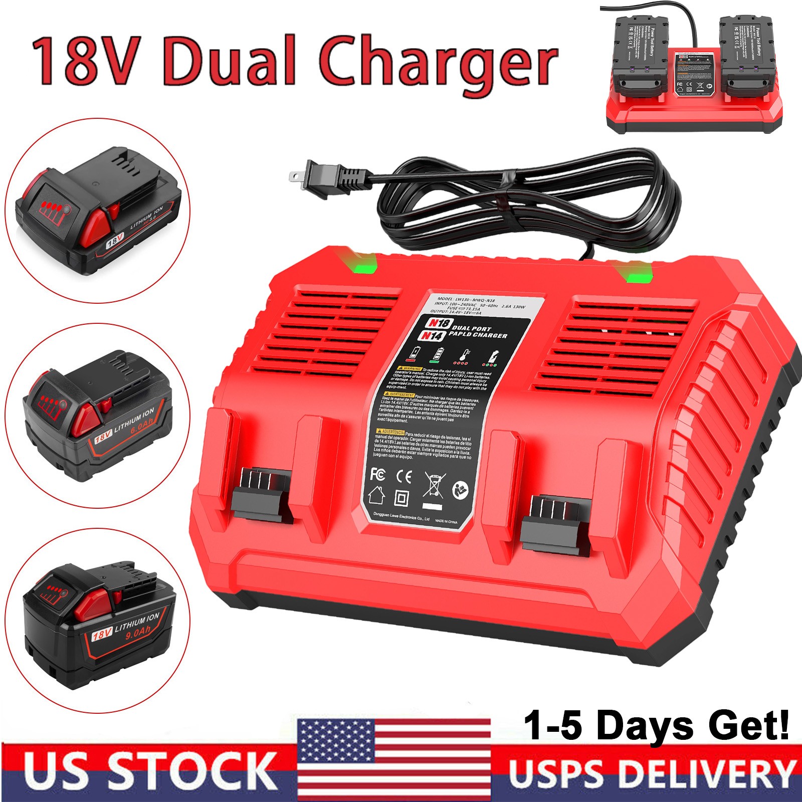 Rapid Dual Charger For Milwaukee For M18 18V Li-ion Battery Charger 48-11-1811
