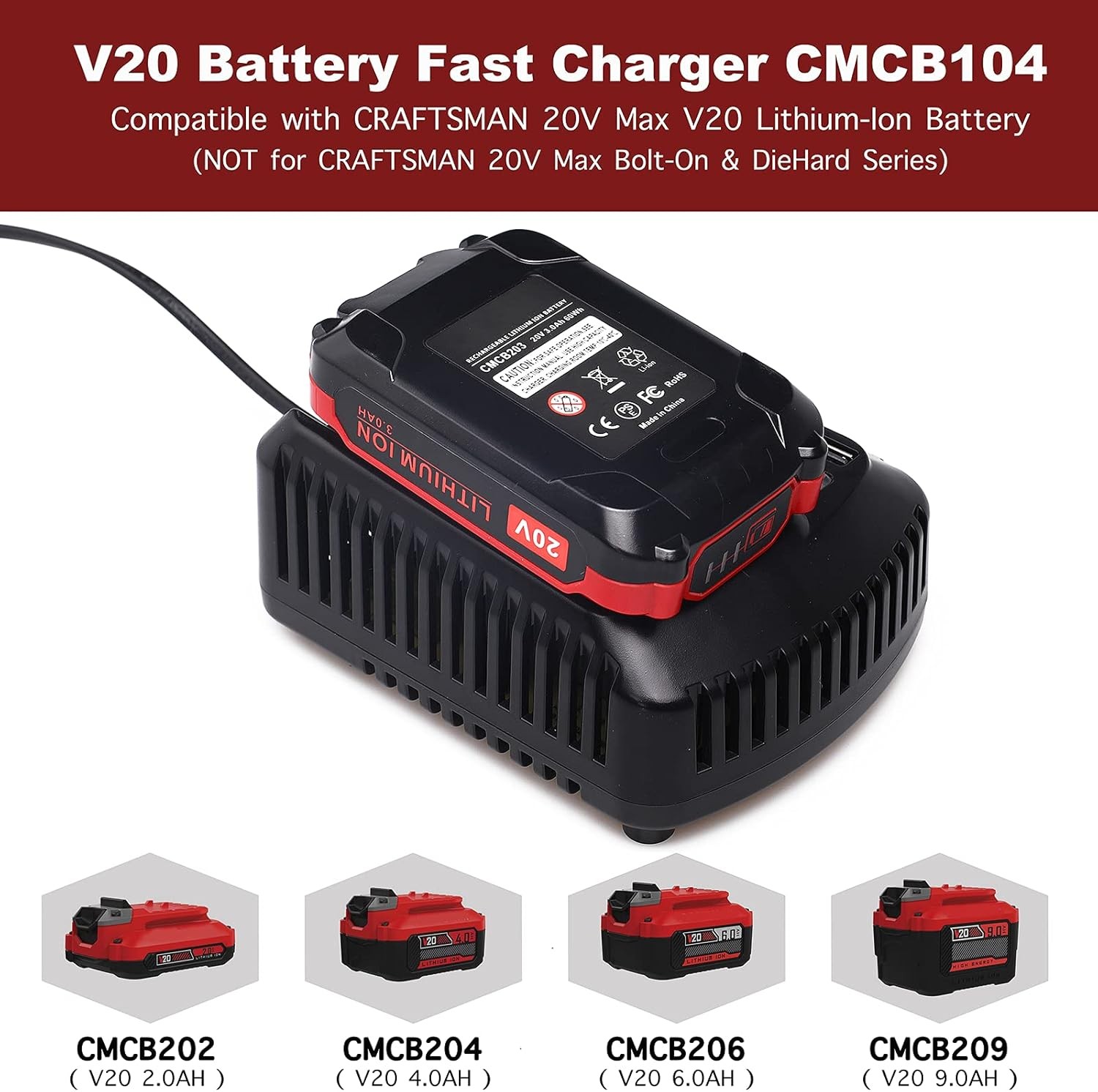 Fast Rapid Charger for Craftsman 20V V20 Battery CMCB202 CMCB204 CMCB209 CMCB104