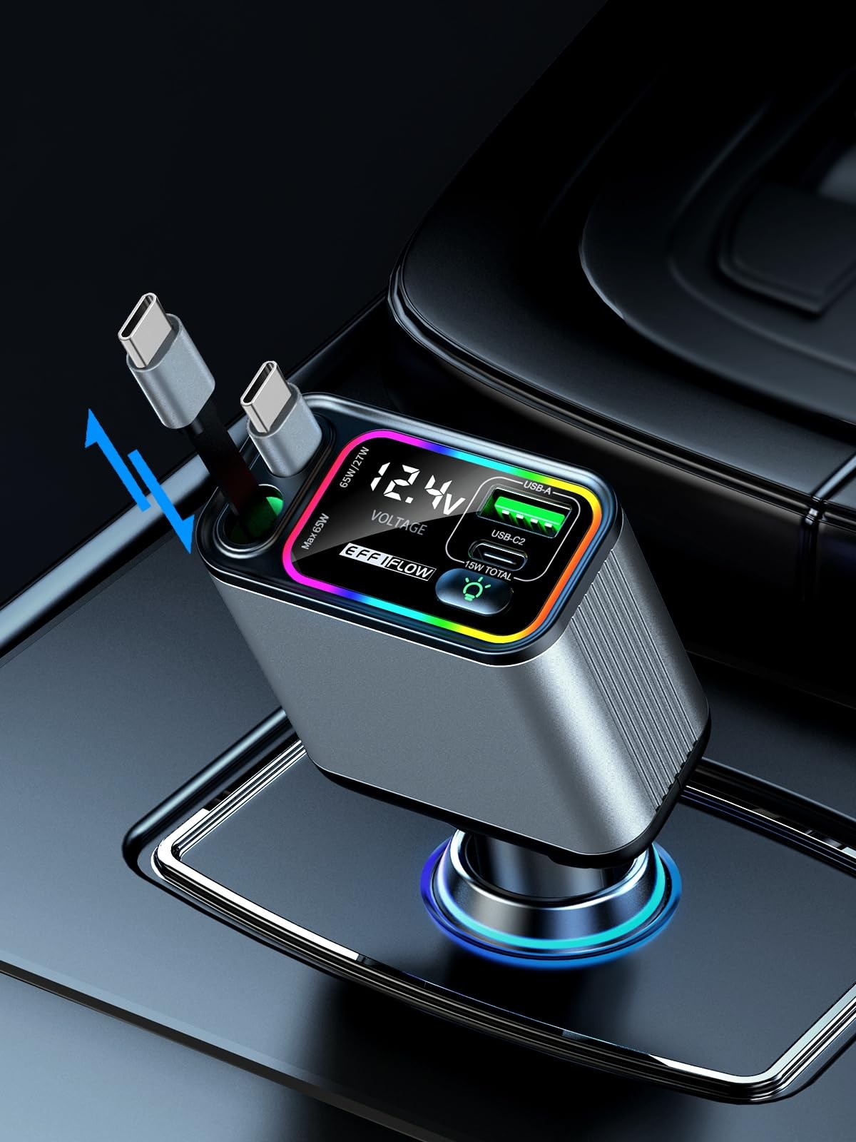 EFFIFLOW 145W USB C Car Charger Dual Retractable Fast Charge Type C Cable