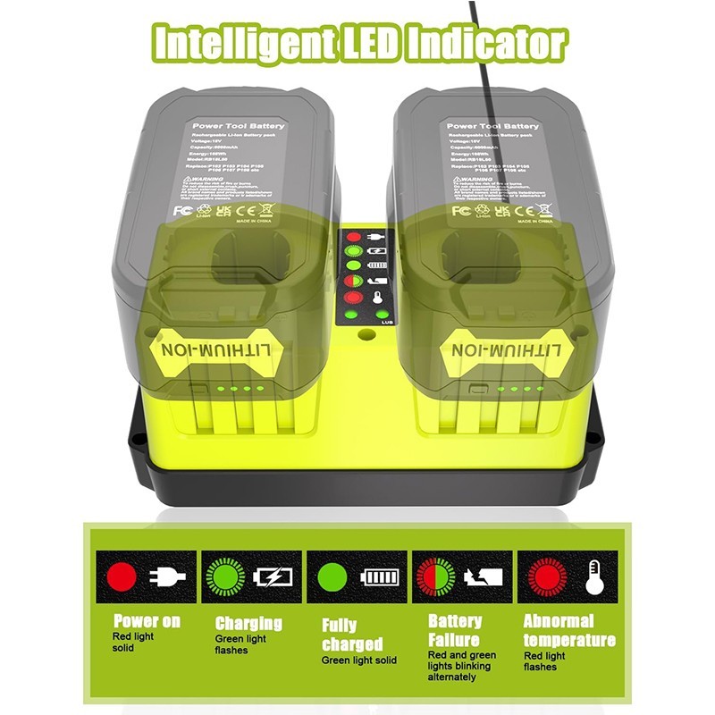 Dual-Port Simultaneous Battery Charger for Ryobi ONE+ 18 Volt Battery P103 P105