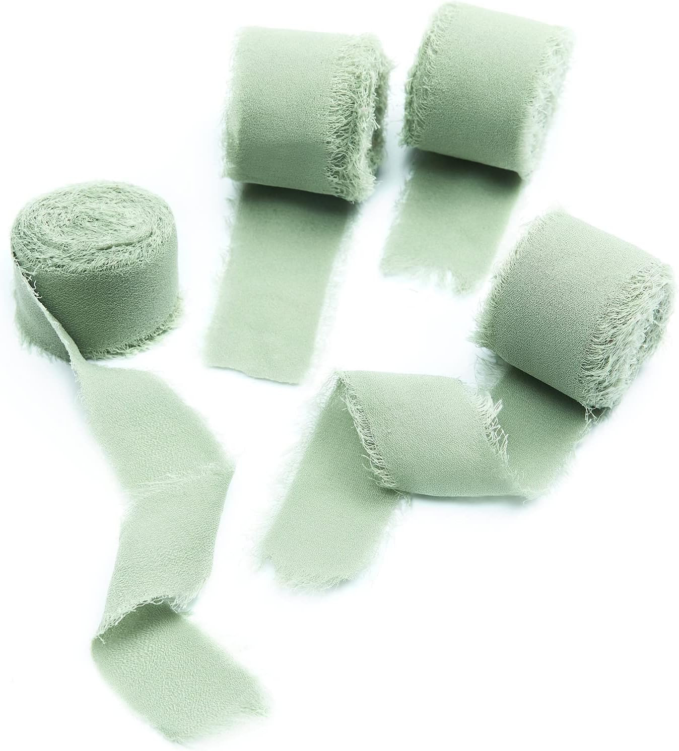 4 Rolls Sage Green Handmade Fringe Chiffon Silk Ribbon 1″ X 5 Yd (4 Rolls 20 Yar