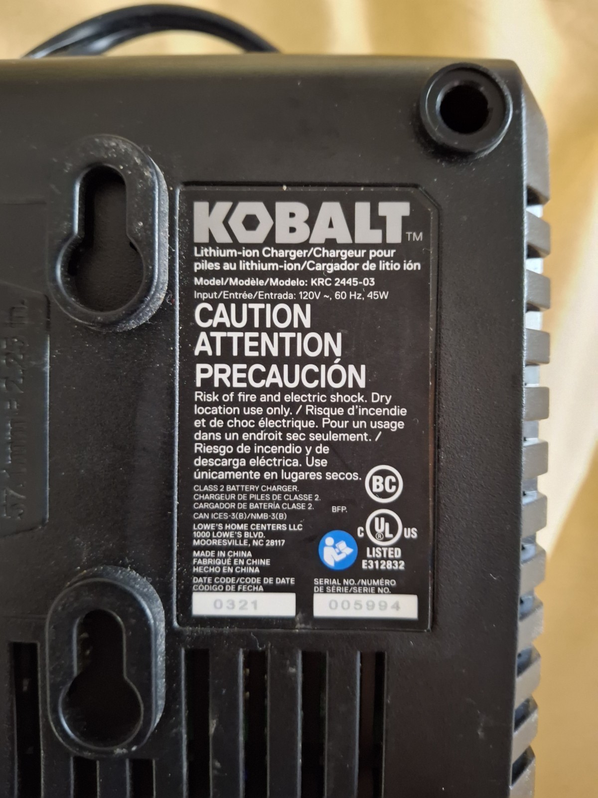 Kobalt 24V Max Power Tool Battery Charger (KRC 2490-03)