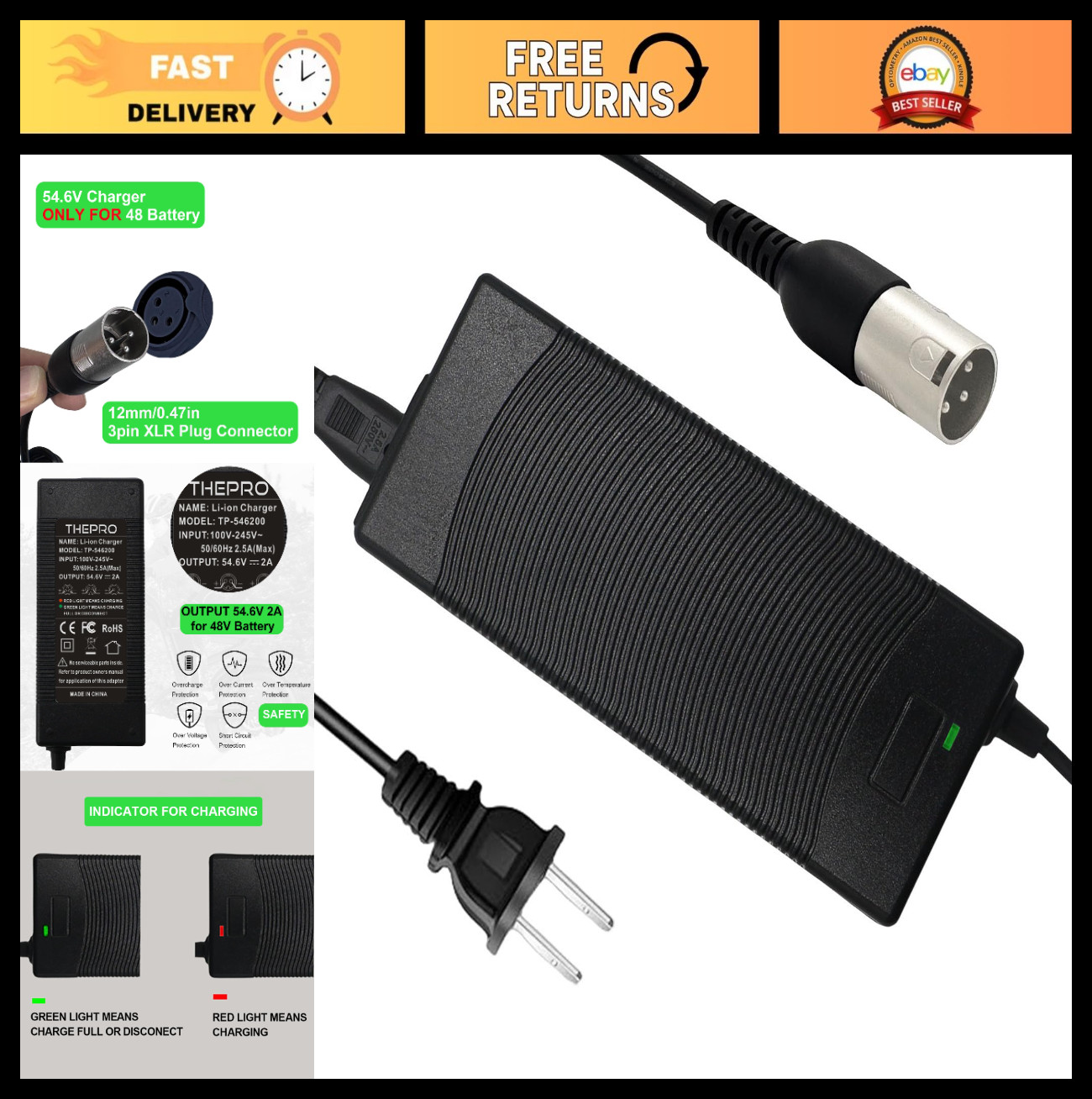 54.6V 2A Lithium Battery Charger for 48V Systems, 3-Pin XLR Plug, D12mm Connecto
