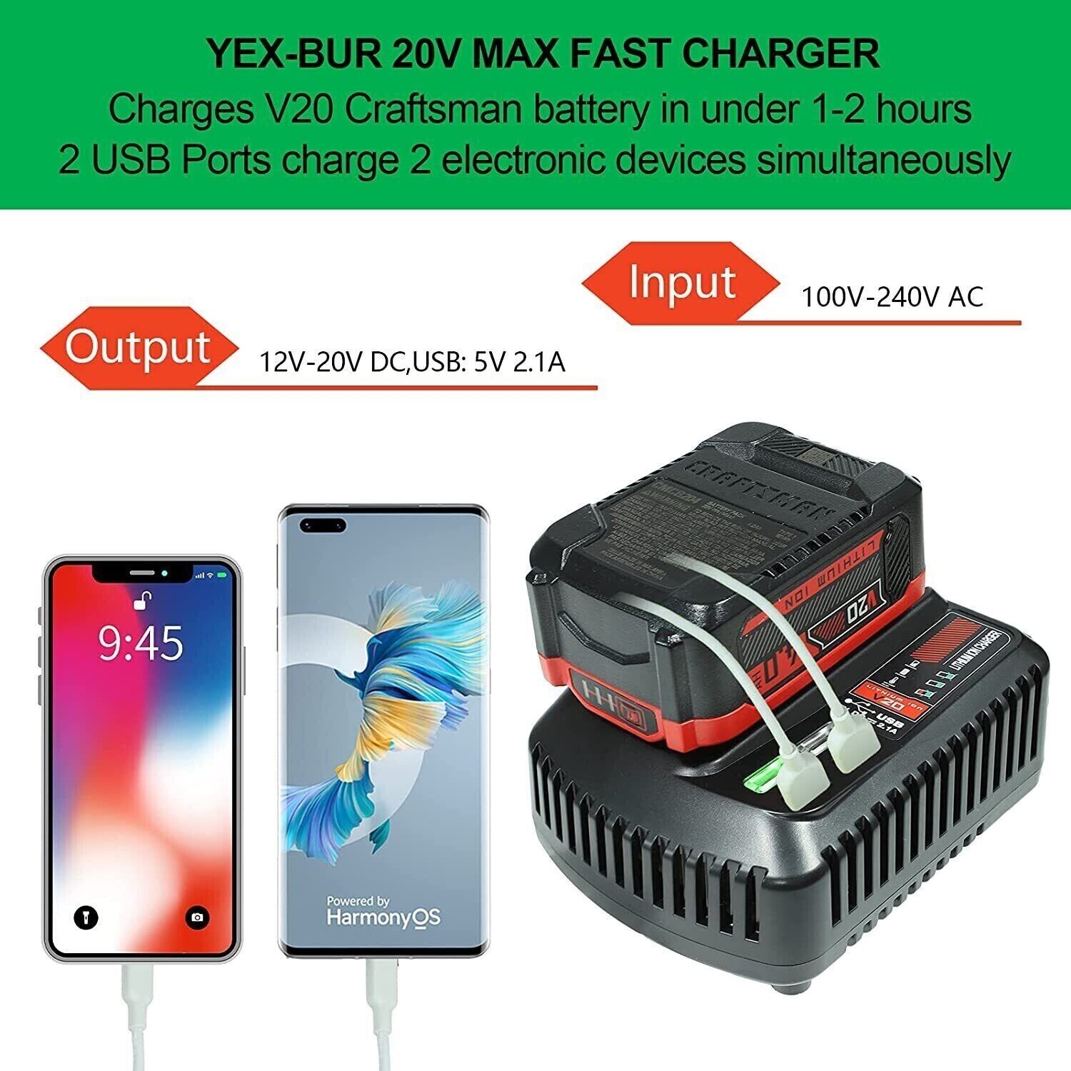 V20 20V Battery Fast Charger CMCB104 Compatible with Craftsman 20V Max Lithium