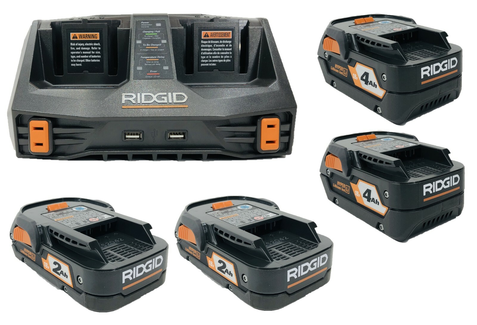 RIDGID 18-Volt Dual Port Sequential Charger Kit with (2) 4Ah & (2) 2Ah Batteries
