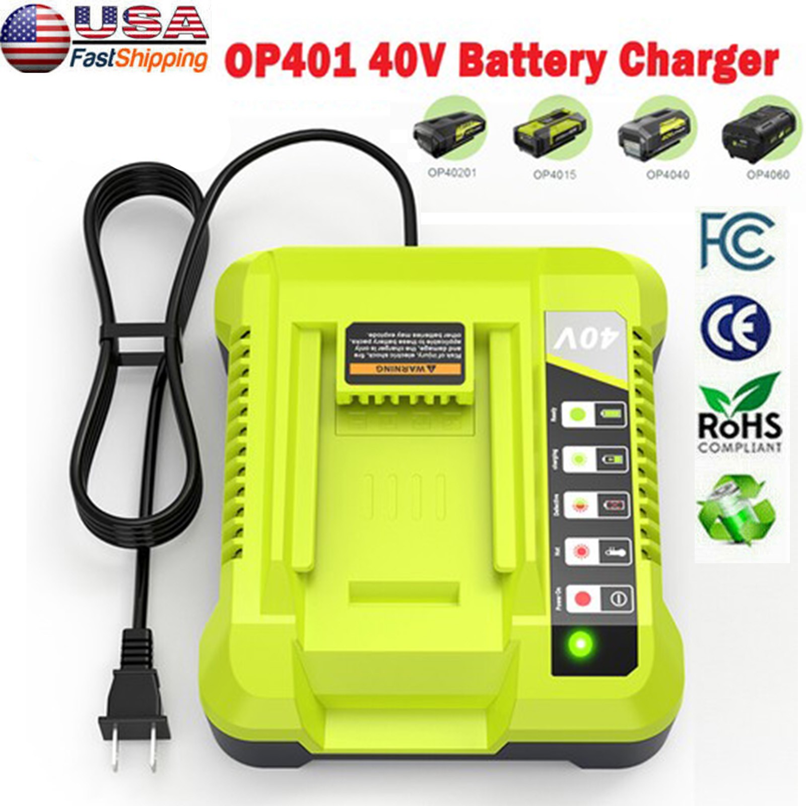 40V Rapid Charger For Ryobi 40 Volt OP406VNM Lithium Battery OP408VNM OP40602