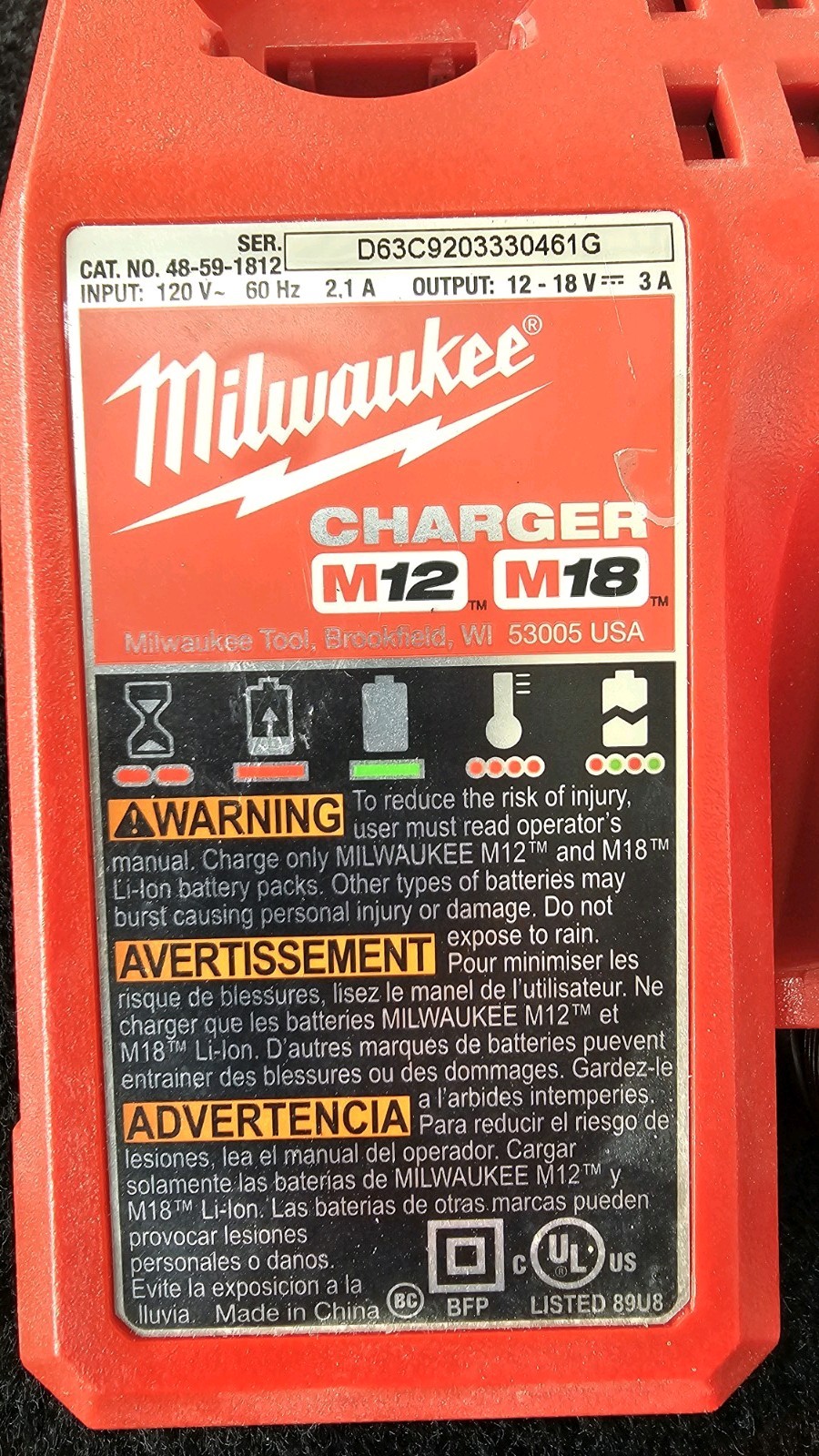 Milwaukee 48-59-1812 M12 M18 Lithium-Ion Battery Charger Genuine OEM Tested