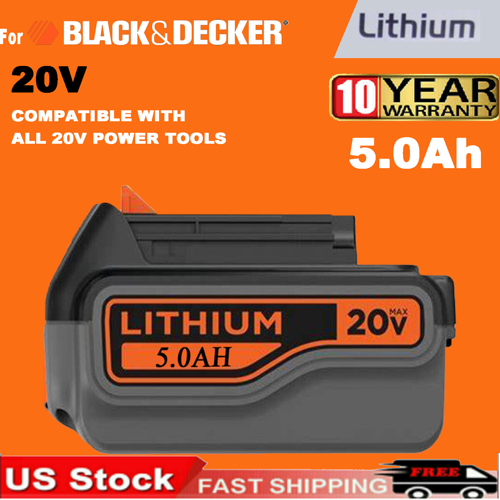 NEW 5.0Ah 20 Volt For BLACK+DECKER Lithium Ion Battery LB2X4020-OPE LBXR20 LBX20