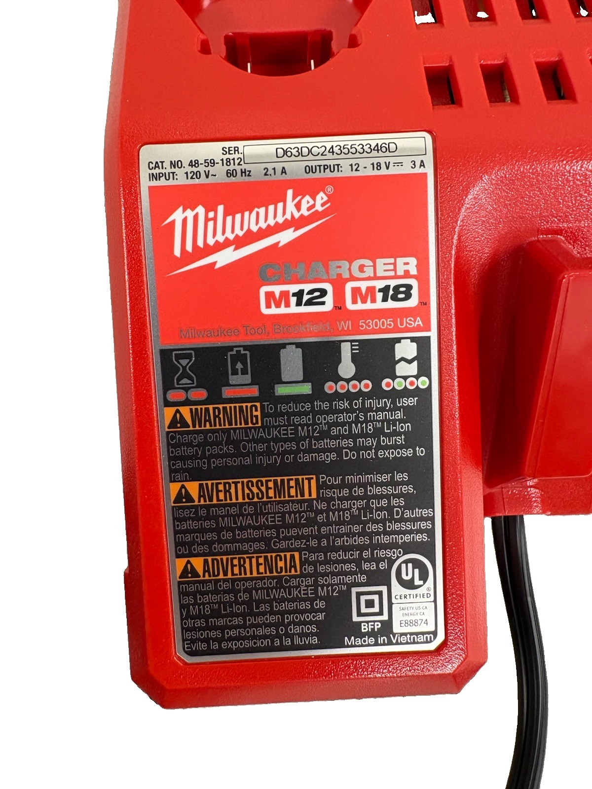 milwaukee m12 m18 18v battery charger 48-59-1812
