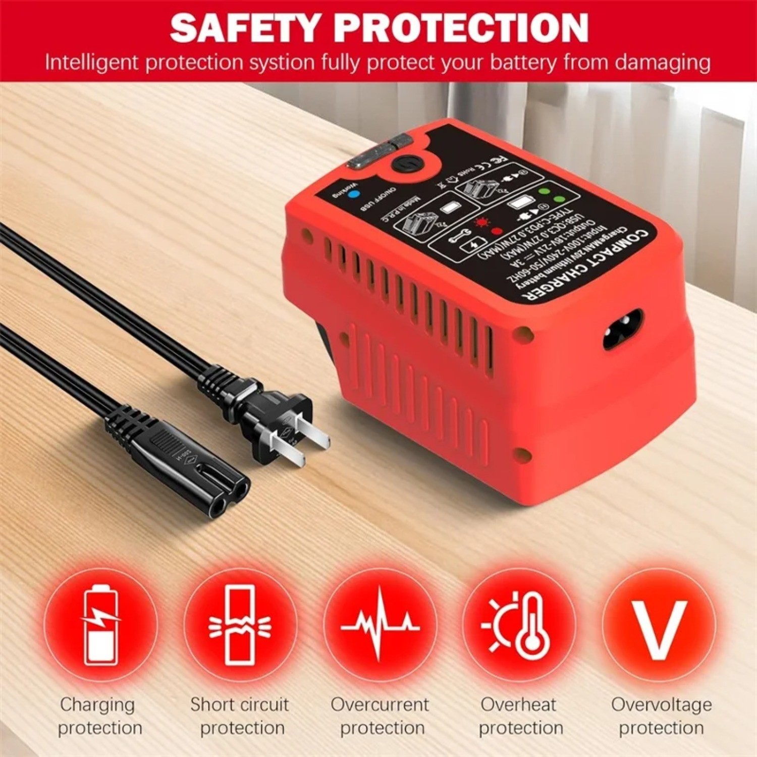 Portable Fast Charger for Milwaukee 18V with USB Type -C Output 110V 3A Travel