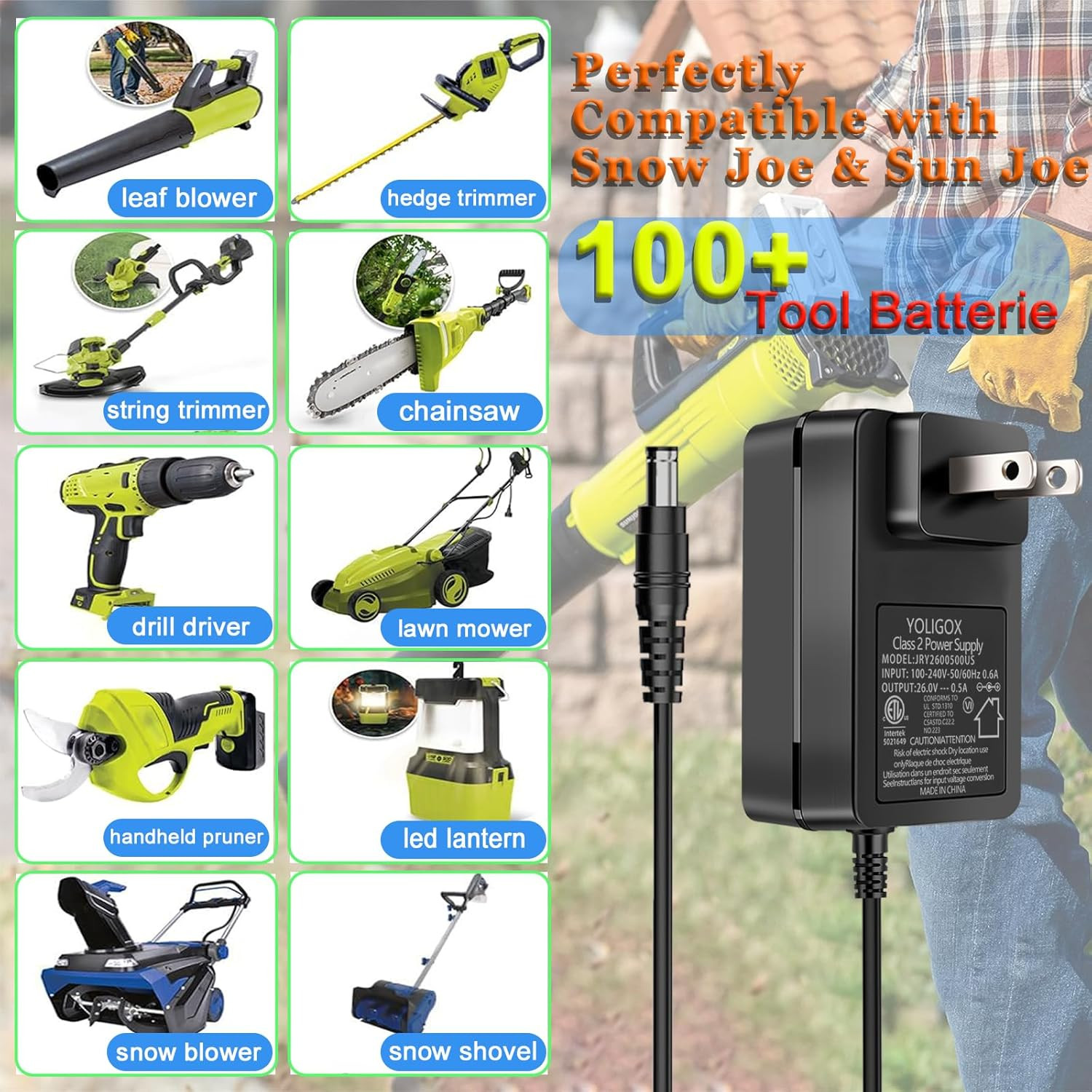 24V Quick Charger Compatible with Snow Joe&Sun Joe 24V Lithium Ion Battery