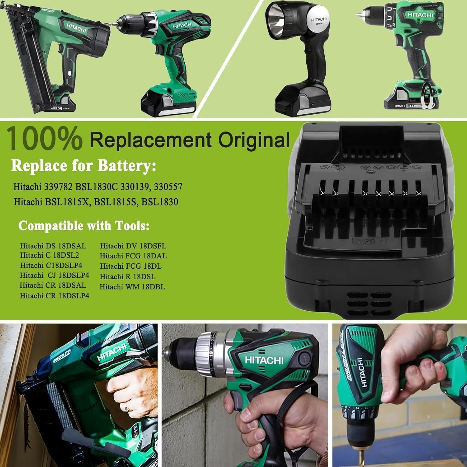 3.0Ah Replacement Battery & Charger Set for Hitachi 18V Tools, Fast Charging