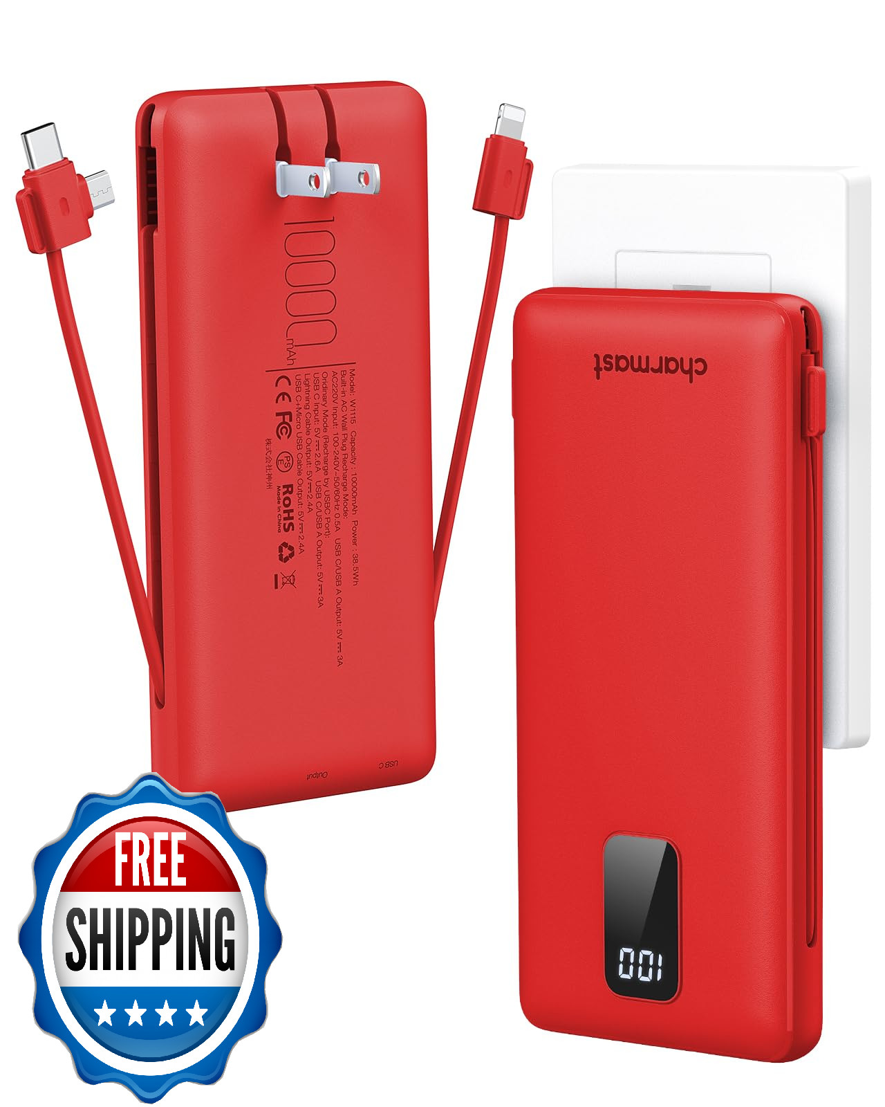 Charmast 10000mAh USB-C Power Bank Built-in Cables AC Plug Fast Charge Slim
