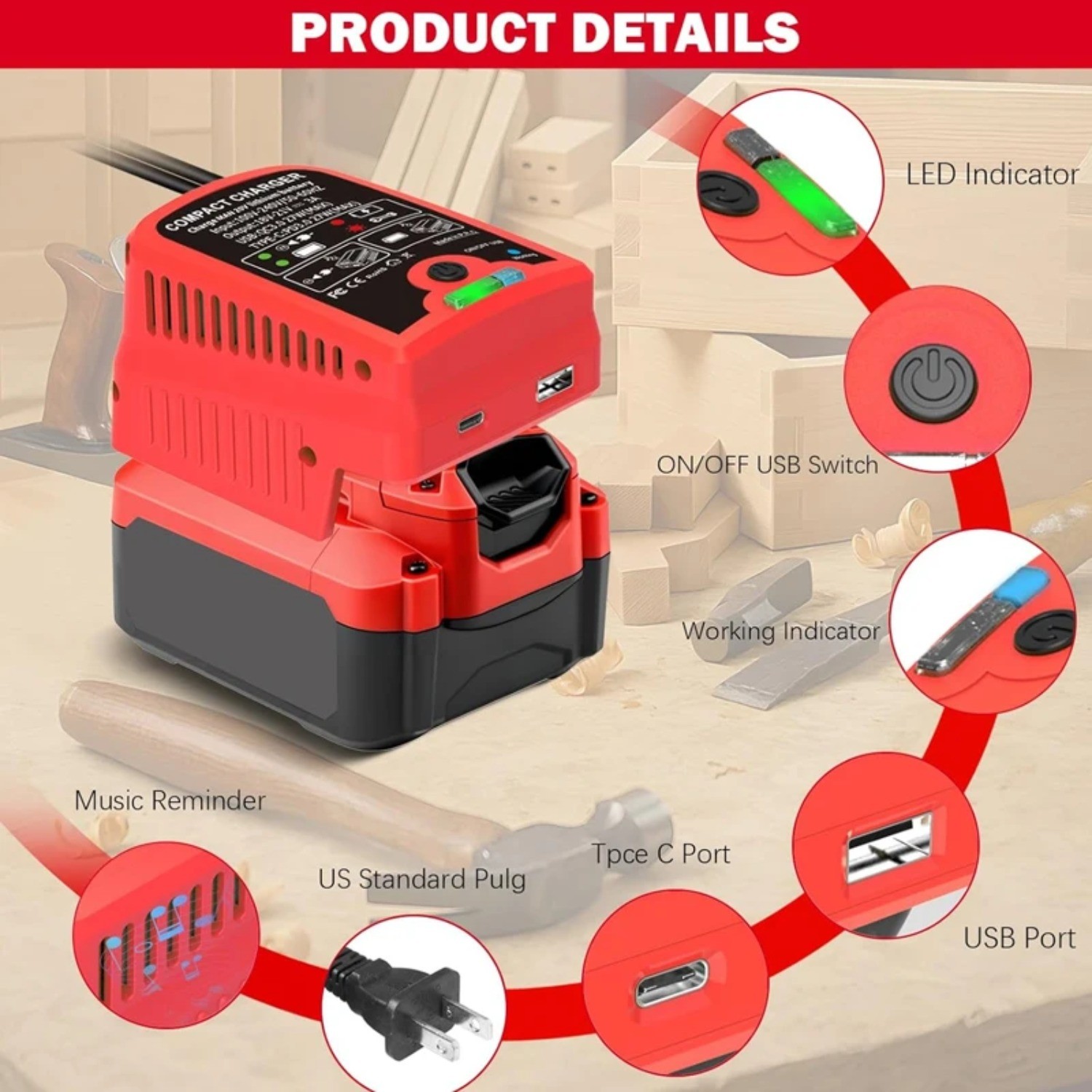 Portable Fast Charger for Craftsman 20V with USB Type -C Output 110V 3A Travel