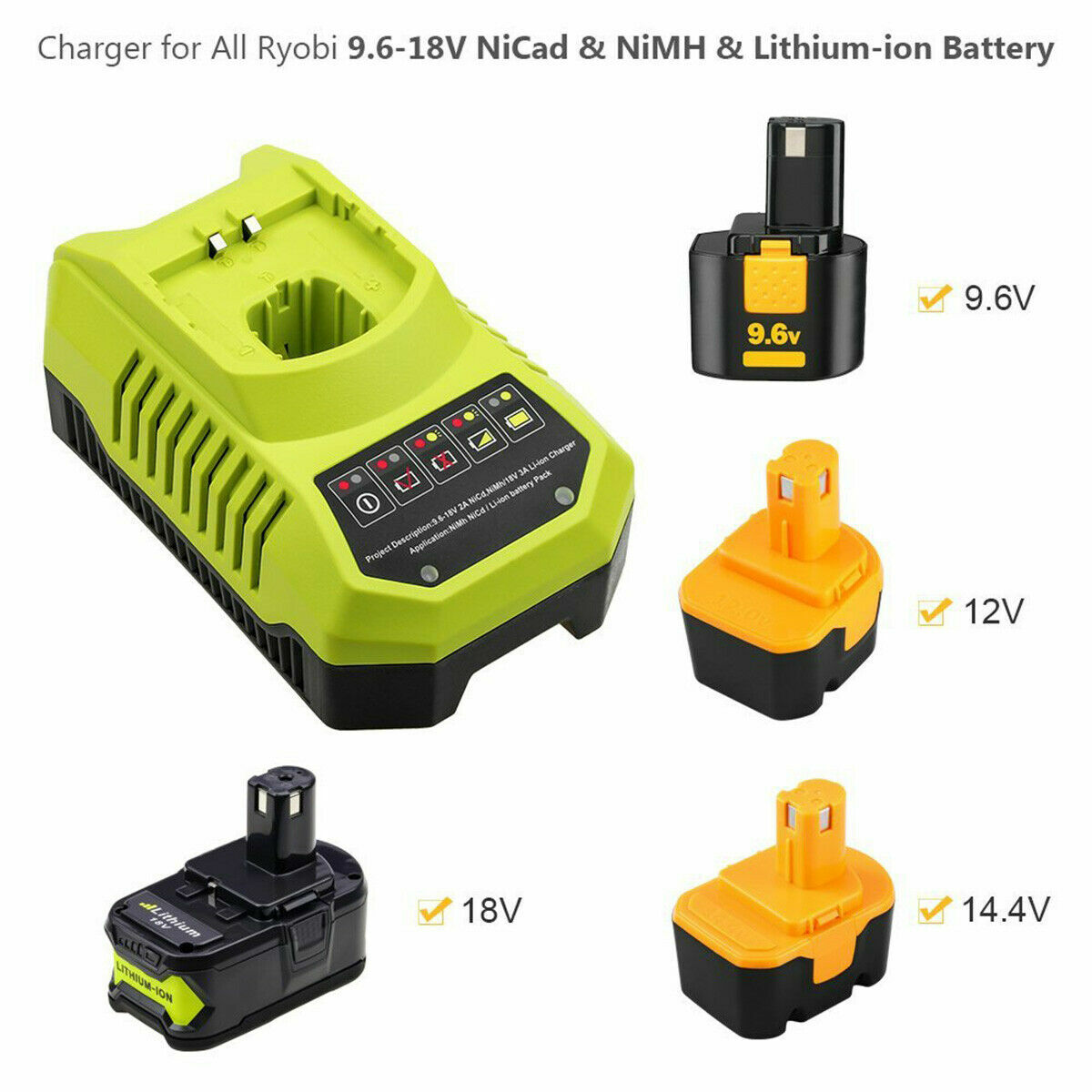12-18Volt Battery Charger P117 for Ryobi One Plus Li-on NiMH NiCD P108 P102 P100
