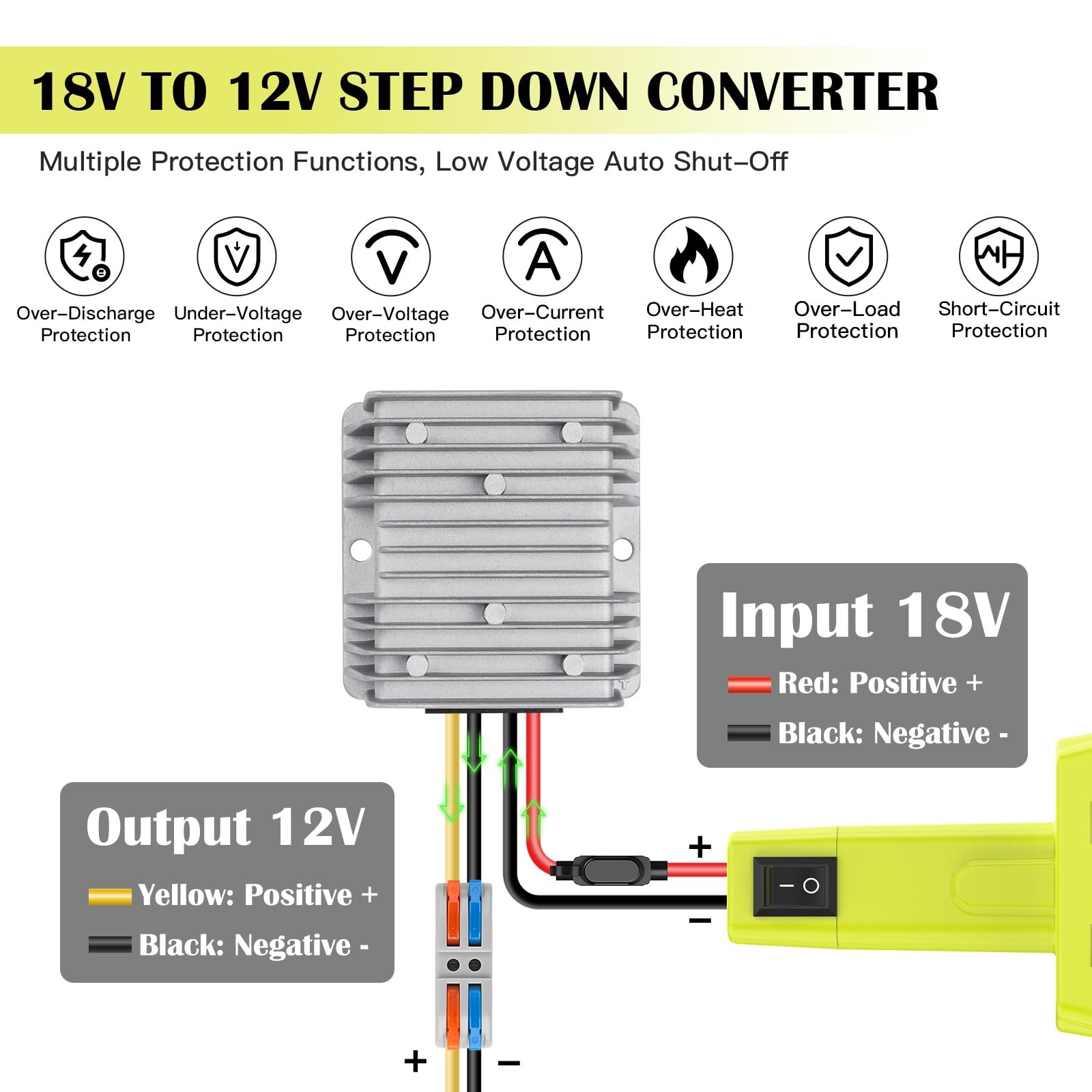 18V to 12V Step Down Converter for Ryobi 240W Step-Down Converter, Green
