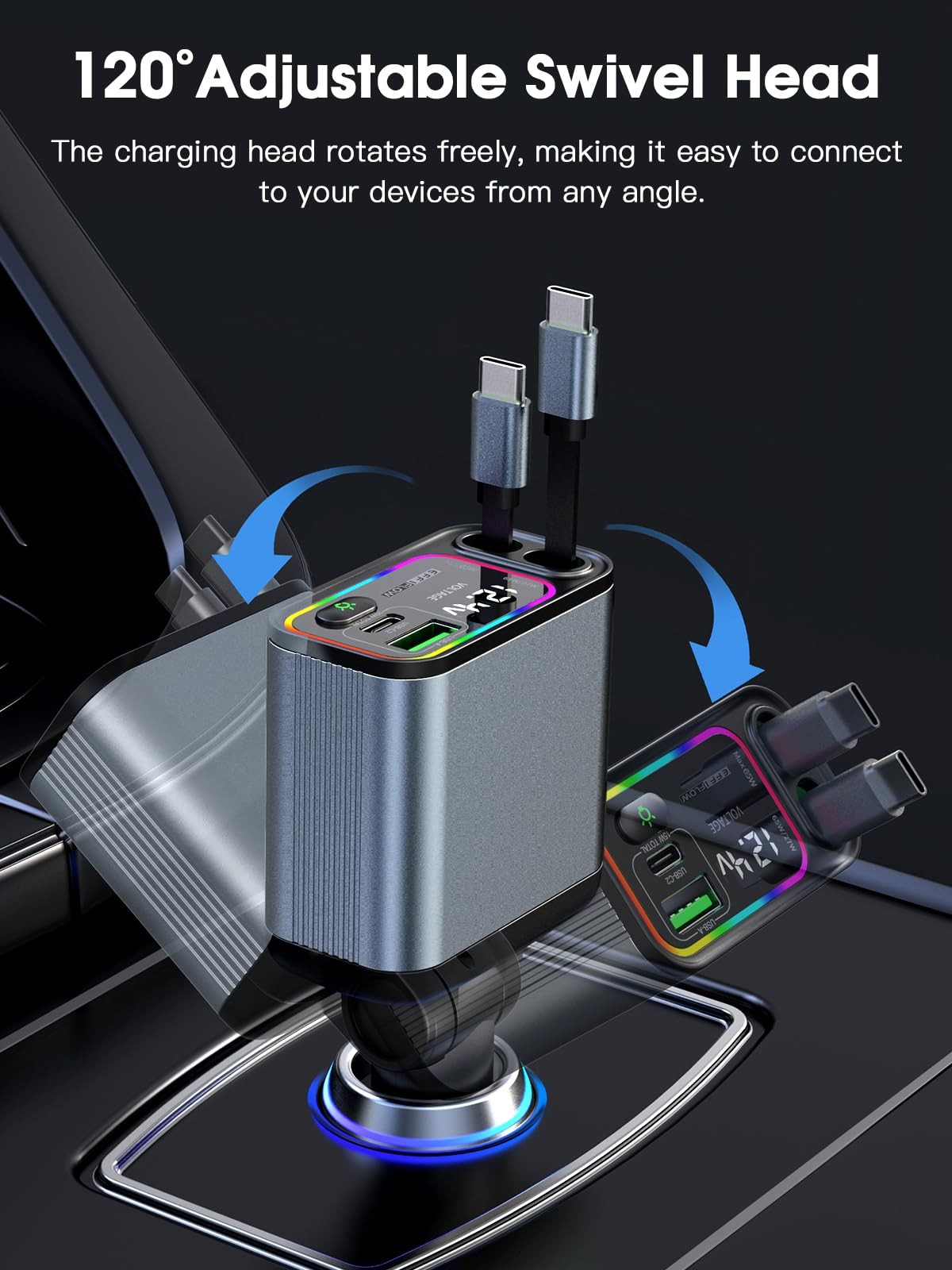 EFFIFLOW 145W USB C Car Charger Dual Retractable Fast Charge Type C Cable