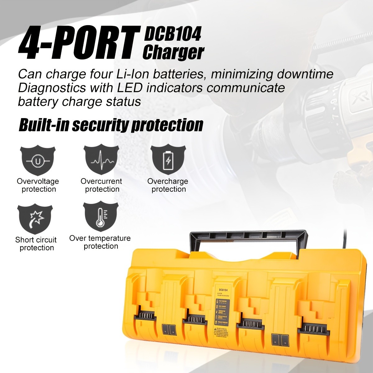 DCB104 Charger for Dewalt 20V Max Battery 4-Port Fast Charging Station