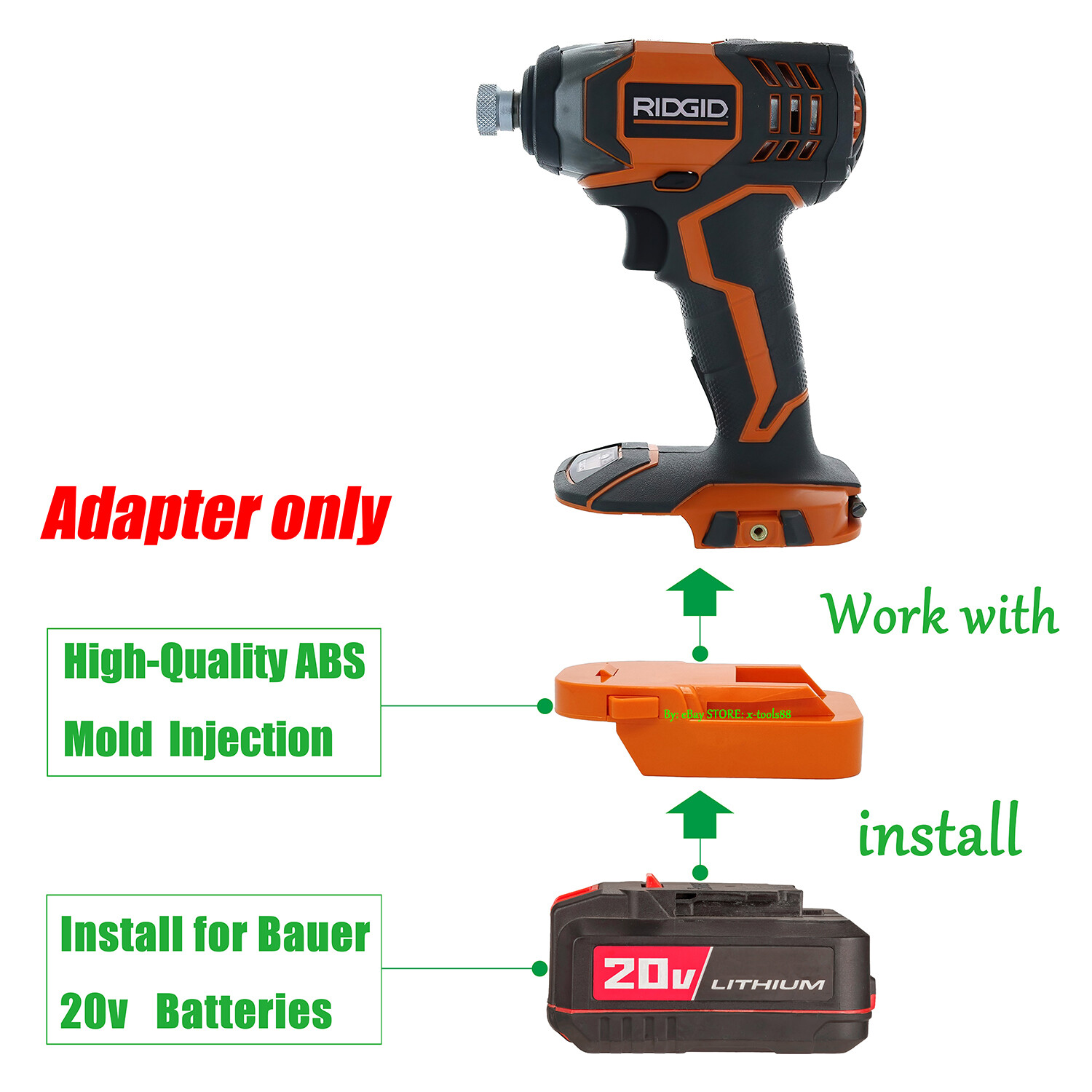 Adapter fits Bauer 20v Li-Ion Battery to Ridgid 18v Cordless Tools（Adapter Only)