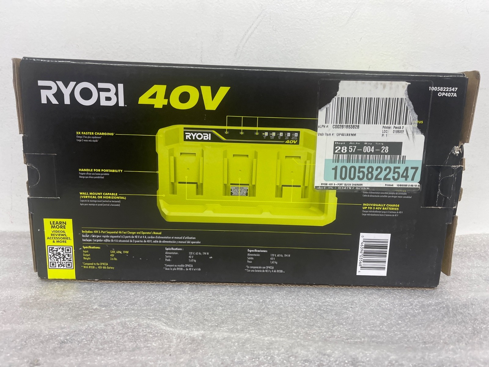 Ryobi OP407A 40V 3-Port Charger Sequential 4A Fast Charger NEW OP407ANVM