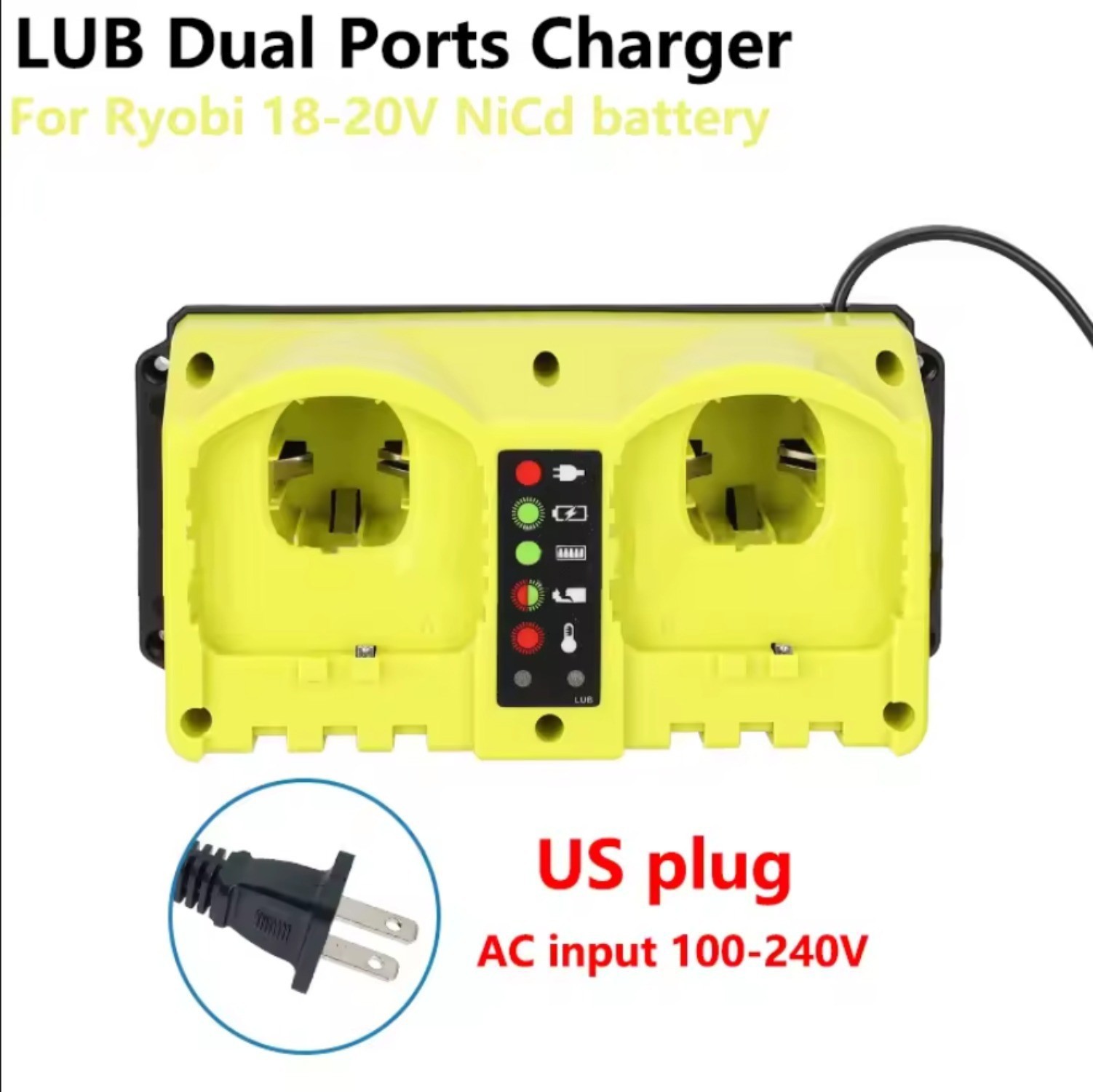 90W Portable Dual Ports Fast Charger Rapid Charger Station for Ryobi 18V Battery