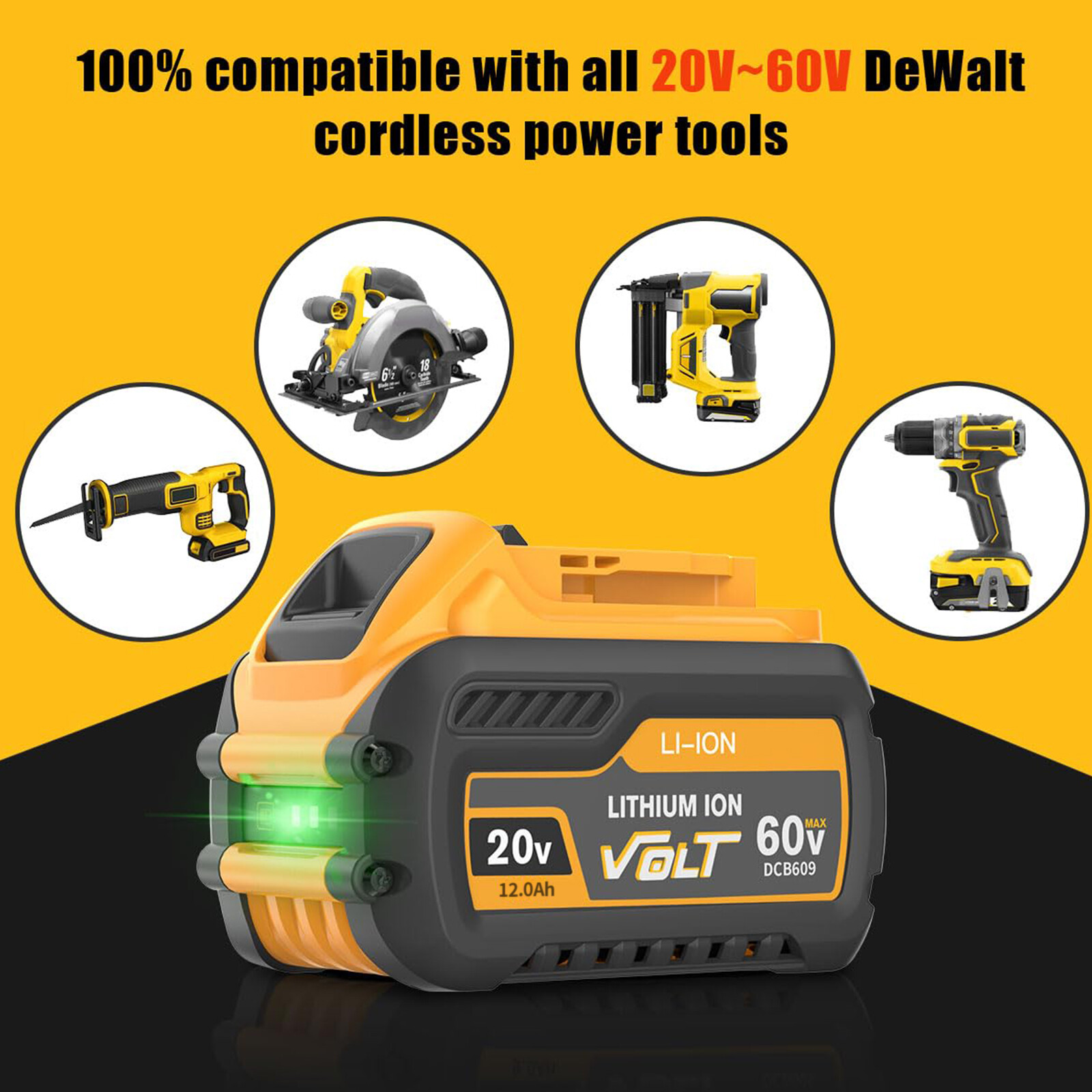 2PCS 12Ah Replacement DCB606-2 Battery for Dewalt 20V 60V Max Battery & Charger/