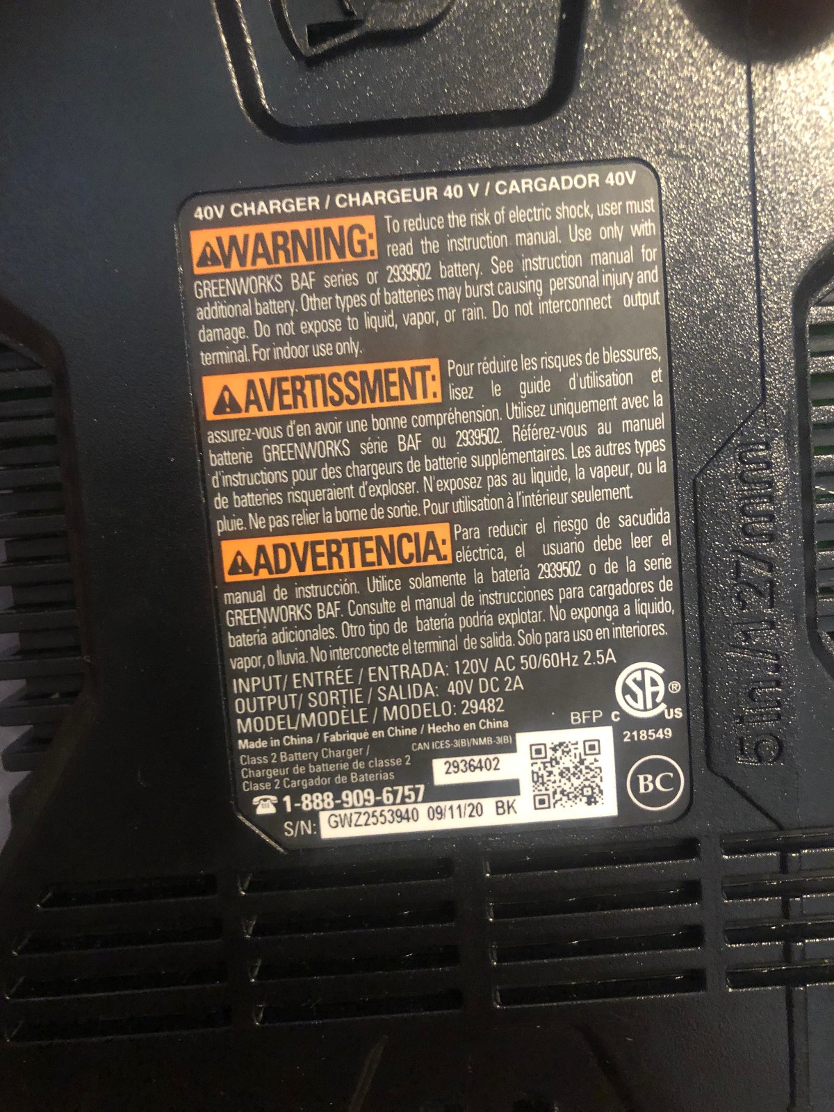Greenworks 40V OEM Battery Charger Model 29482 G-MAX Lithium-Ion Tested