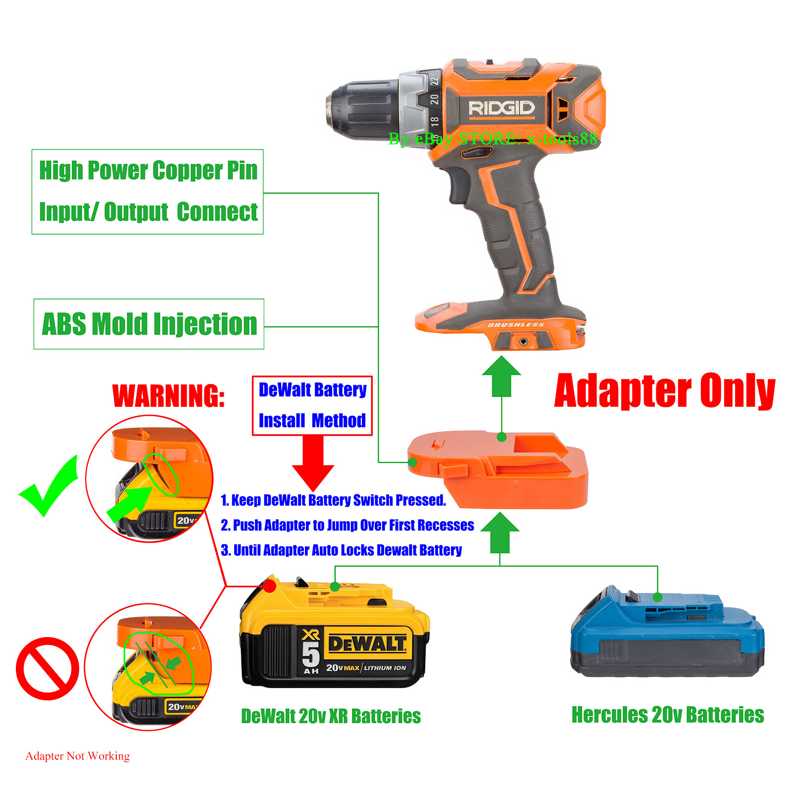 1x Adapter For DeWalt 20v XR & Hercules 20v Li-Ion Batteries To Ridgid 18v Tools